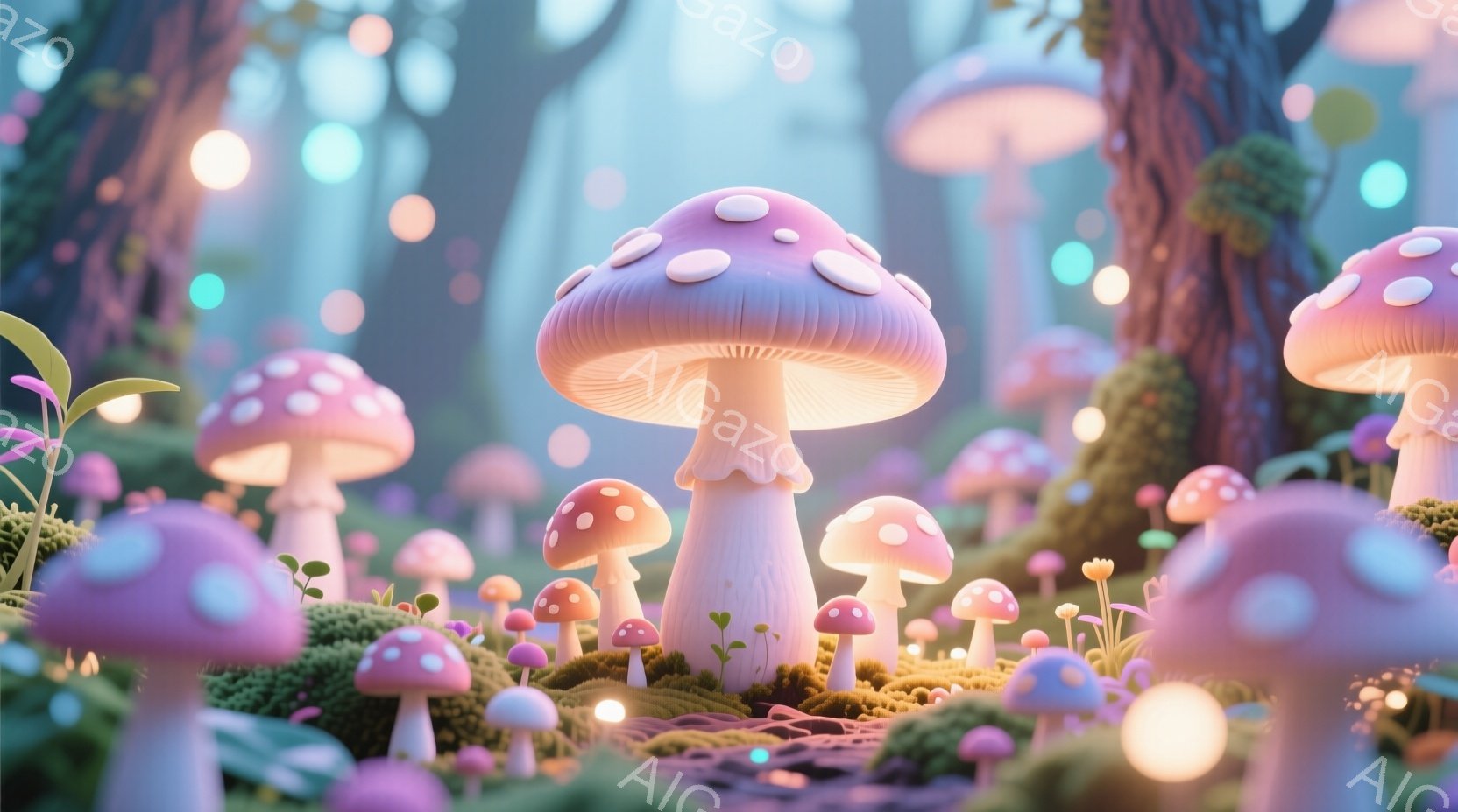 鮮やかなピンク色のキノコが密集した幻想的な森の風景です。キノコは様々なサイズで、明るい光を放ち、緑色の苔と植物に囲まれています。全体的に柔らかく、夢のような雰囲気で、暖かく穏やかな光が森全体を包み込ん - AI生成フリー素材
