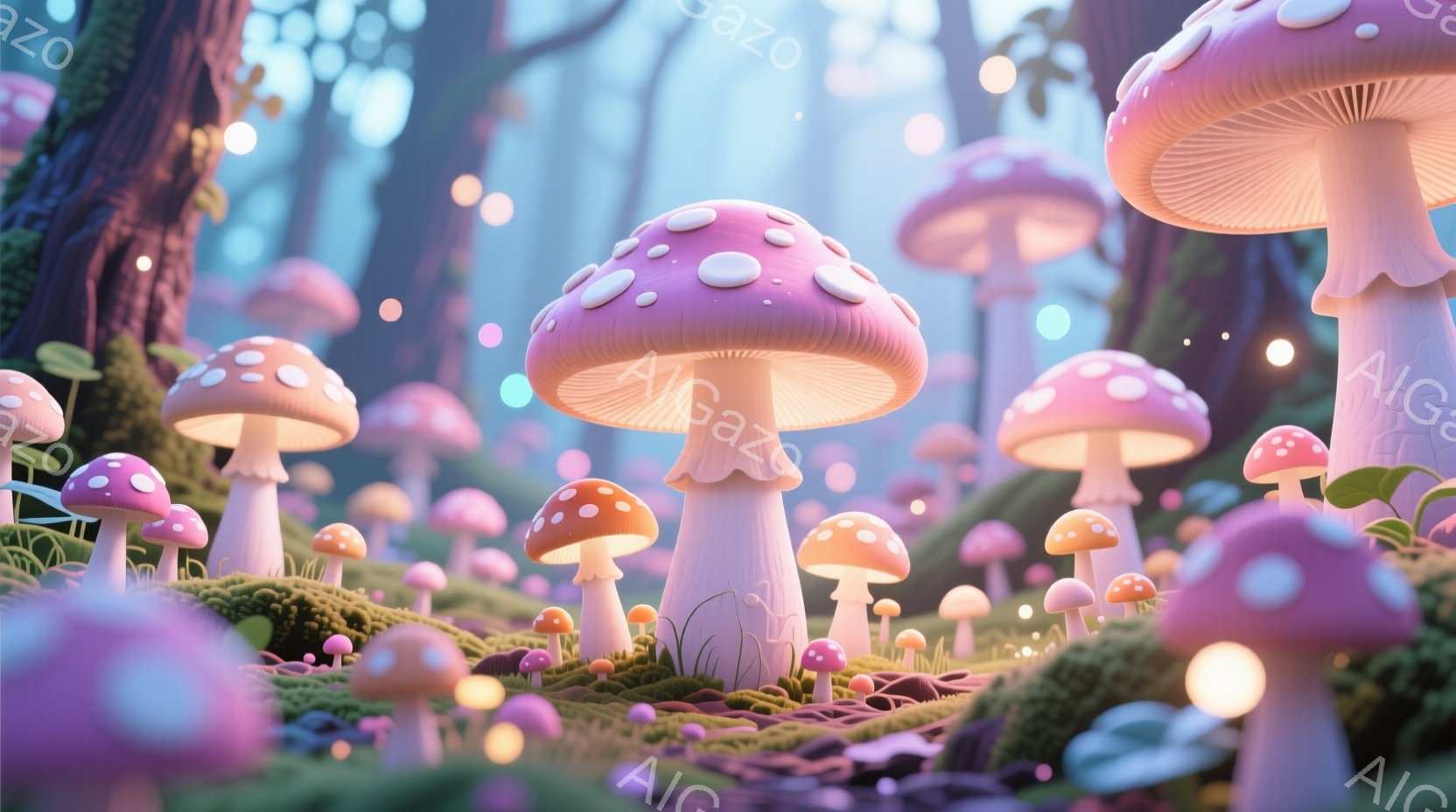 鮮やかなピンク色の大きなキノコが密集した幻想的な森の風景です。キノコは水玉模様で、淡い光が差し込む緑の苔の上に生えています。背景にはぼやけた木々が見え、全体的に夢のような、遊び心のある雰囲気です。 - AI生成フリー素材