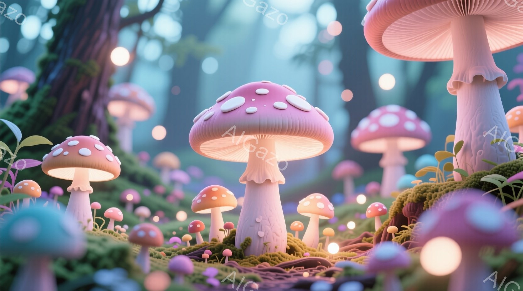 鮮やかなピンクと白のキノコが密集した幻想的な森の風景です。キノコは様々な高さと太さで、苔むした緑色の地面に生い茂り、周囲を柔らかい光で照らしています。背景にはぼんやりとした木々が見え、全体的に夢のよう - AI生成フリー素材