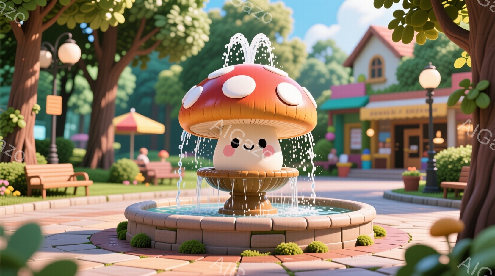 公園の中心には、可愛らしいキノコの噴水が設置されており、水が勢いよく噴き出しています。背景には、カラフルな建物と緑豊かな木々が見え、穏やかな日差しが降り注いでいます。全体的に、温かく、のどかで、夢のような雰囲気の公園の風景です。