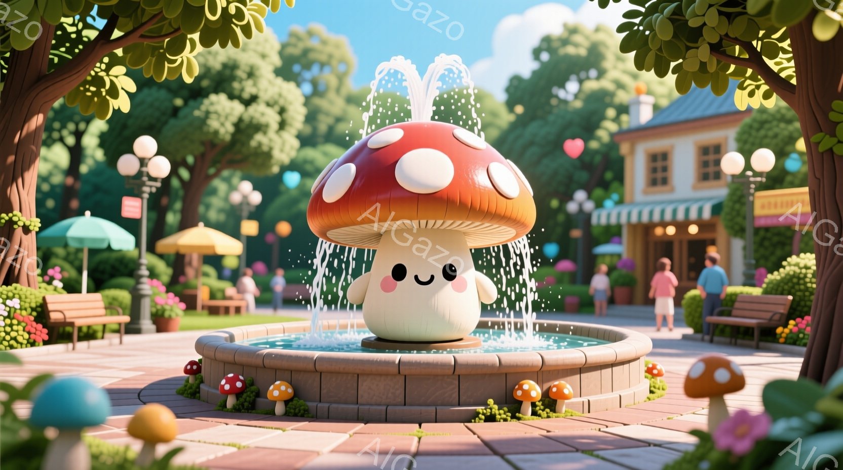 公園の中心には、かわいらしいキノコの噴水が設置されており、水が流れ落ちています。背景には、カラフルな建物や緑豊かな木々が見え、晴れた空には風船が浮かんでいます。全体的に明るく、楽しげな雰囲気で、子供た - AI生成フリー素材