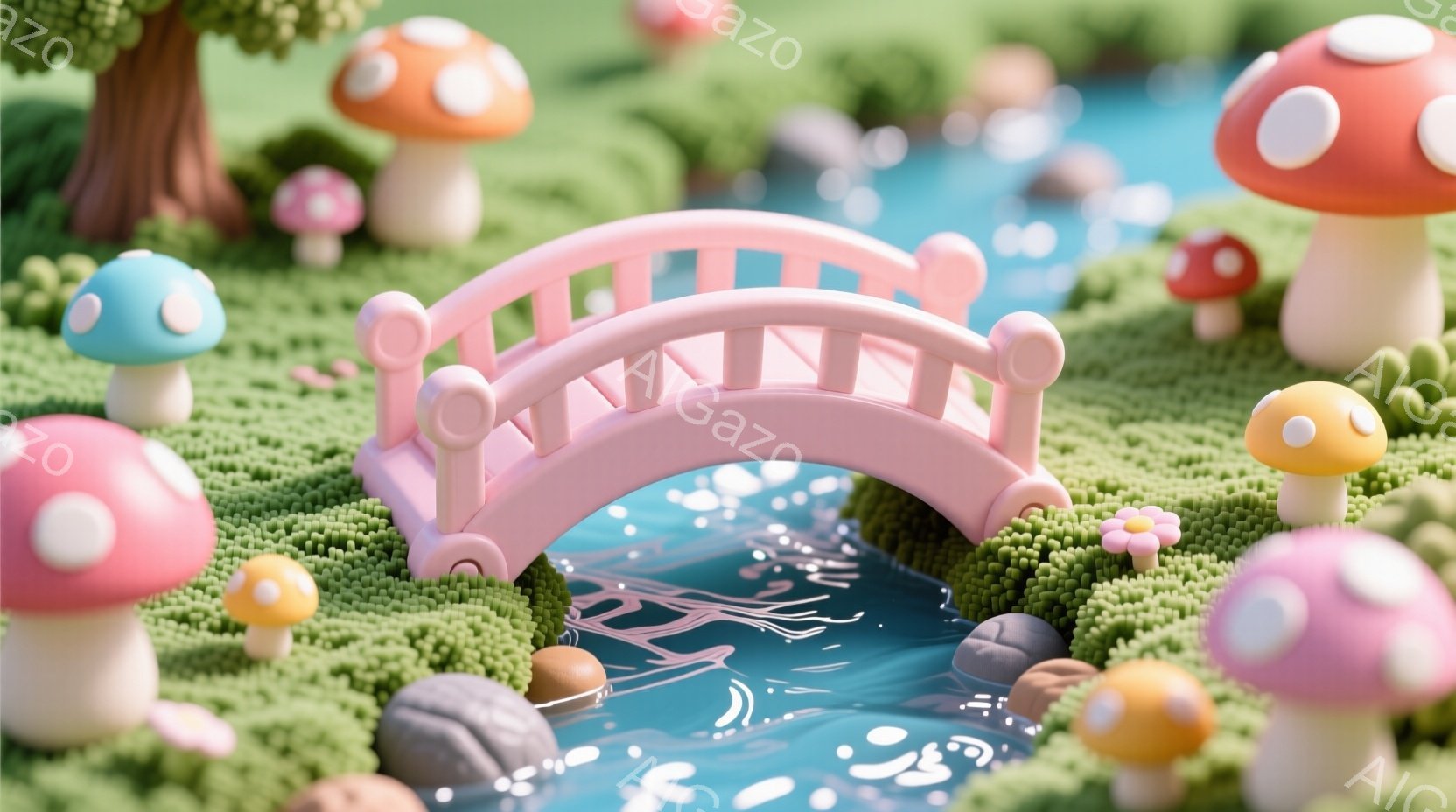 鮮やかな緑色の芝生の上に、アーチ型のピンク色の橋が架かっています。周囲には、赤、青、黄色、ピンクなどのカラフルなキノコが点在し、小川が橋の下を流れています。全体的に可愛らしく、夢のような雰囲気で、おと - AI生成フリー素材