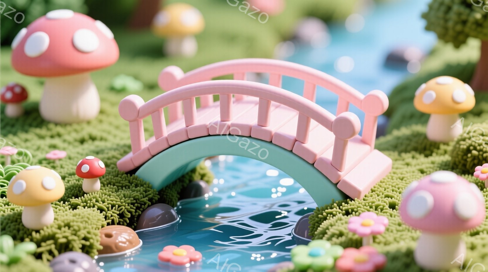 鮮やかな緑色の草地と、ピンクとミントグリーンのアーチ状の橋が印象的な画像です。周りには様々な色の可愛らしいキノコや花が咲き乱れ、小川が穏やかに流れています。全体的に夢幻的で、おとぎ話のような優しい雰囲 - AI生成フリー素材