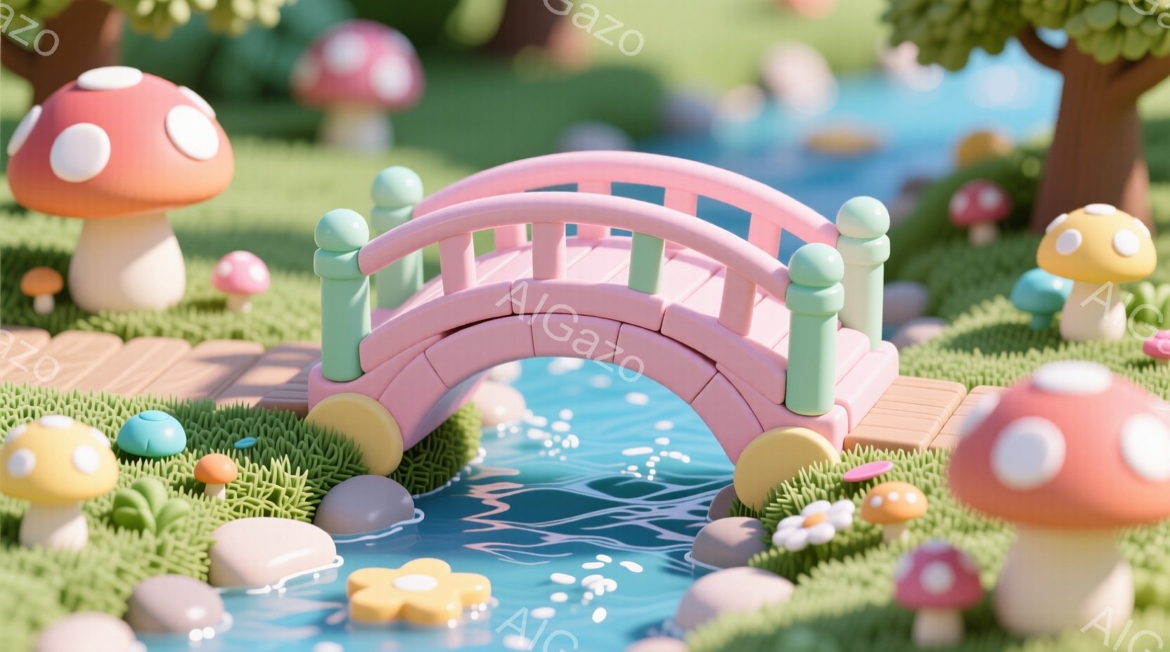 鮮やかな緑の芝生の上に、アーチ状のピンク色の橋が架かっています。橋の周りには、色とりどりのキノコや小さな花が点在し、水面には光が反射しています。全体的に、パステルカラーで彩られた、夢のような可愛らしい - AI生成フリー素材