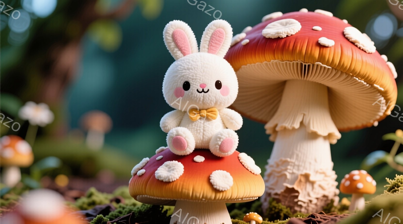ふわふわの白いウサギが、赤いキノコの笠の上に乗って座っています。ウサギは小さな黄色のリボンを結んでおり、可愛らしい表情をしています。背景には様々なサイズのキノコが生い茂り、緑豊かな自然の中で幻想的な雰 - AI生成フリー素材