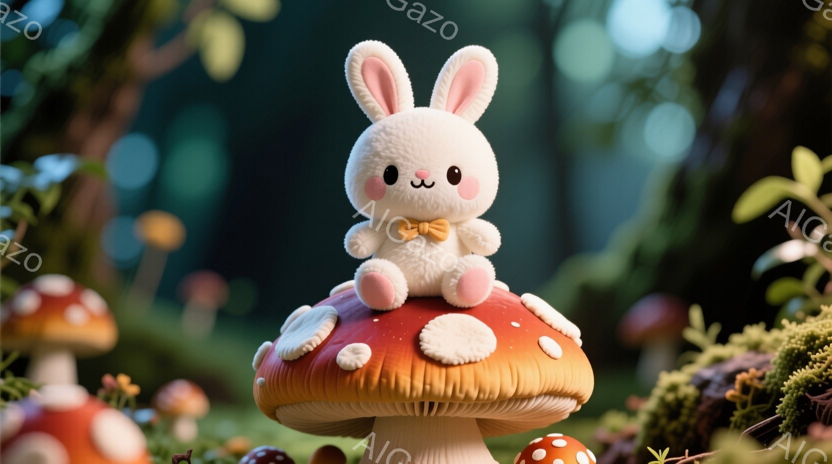 ふわふわの白いウサギが、大きな赤いキノコの上に座っています。ウサギは小さな黄色のリボンで結ばれており、丸い頬と穏やかな表情をしています。背景は緑豊かな森で、さまざまな種類のキノコが点在しており、幻想的 - AI生成フリー素材