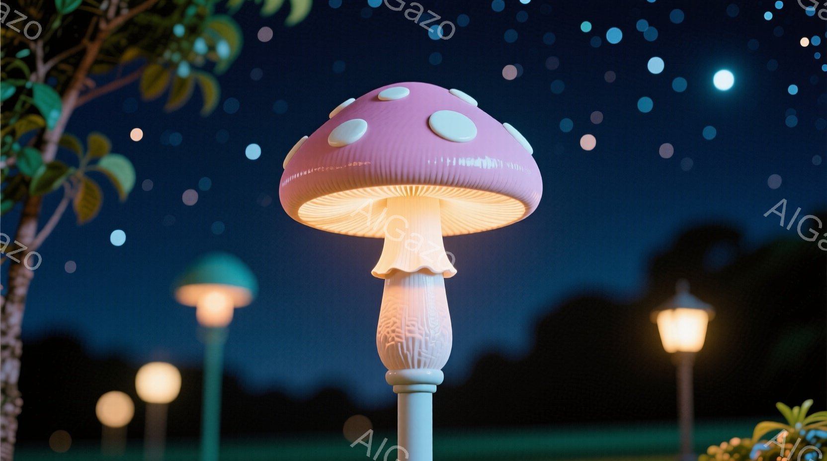 夜の公園に、キノコ型のランプが点灯している様子が描かれています。深い青色の空には無数の星が輝き、緑の芝生の上には、様々な色のキノコランプが並んでいます。幻想的で穏やかな雰囲気で、夜の静寂と温かい光が感 - AI生成フリー素材