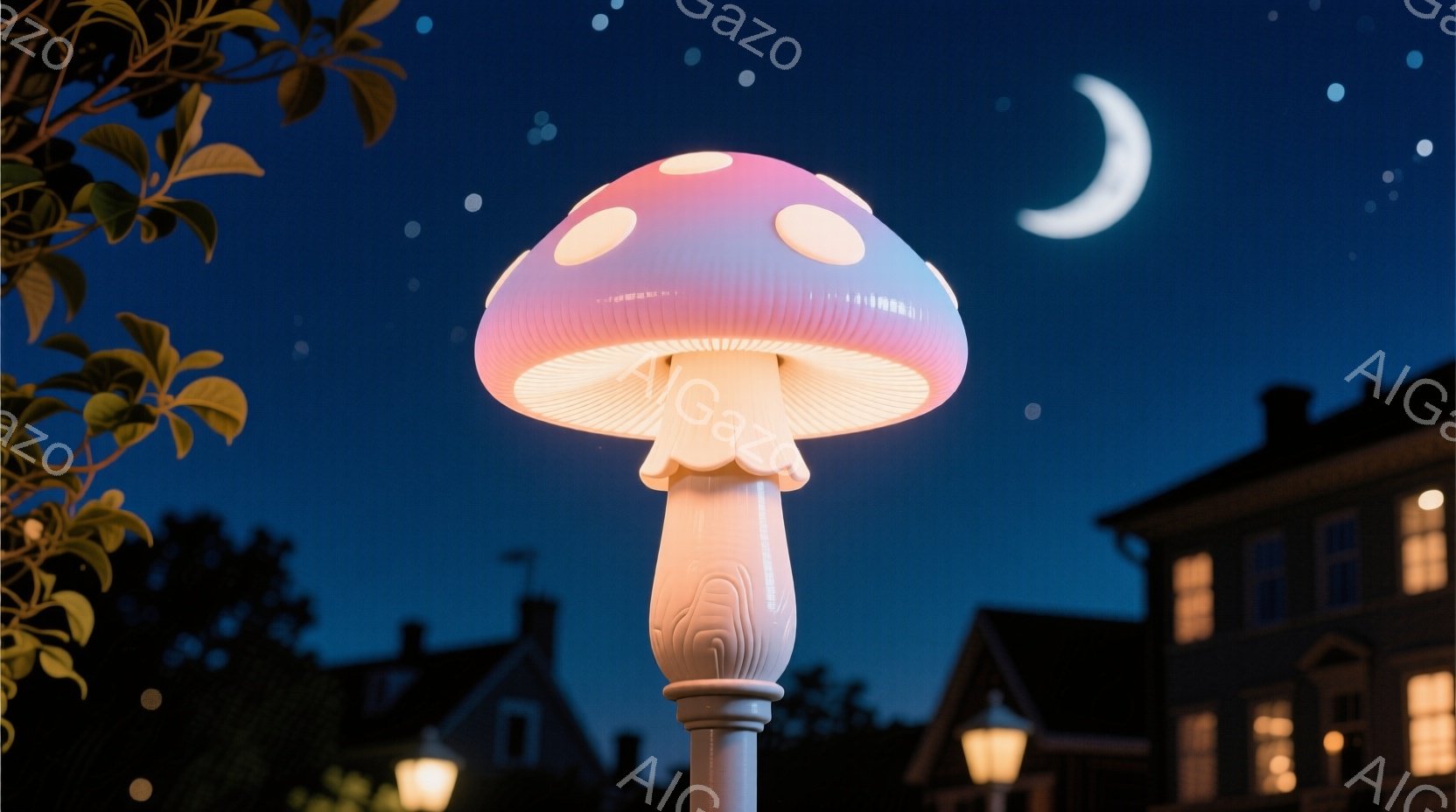 夜空を背景に、巨大なキノコの形をしたランプが印象的な光を放っている。建物や街灯が遠くに見え、葉っぱがフレームの端にわずかに現れて自然の要素を加えており、夜の静かで幻想的な雰囲気を醸し出している。空には - AI生成フリー素材