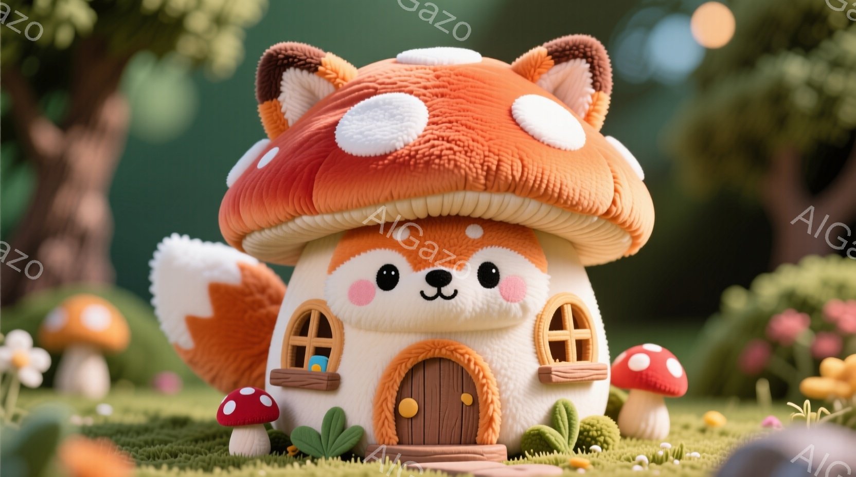 キノコの形をした可愛らしい建物が描かれています。建物の頭部は赤と白の模様で、顔のような特徴があり、窓とドアが可愛らしく配置されています。周囲には小さなキノコが生い茂り、緑豊かな自然の中で、温かく幻想的 - AI生成フリー素材
