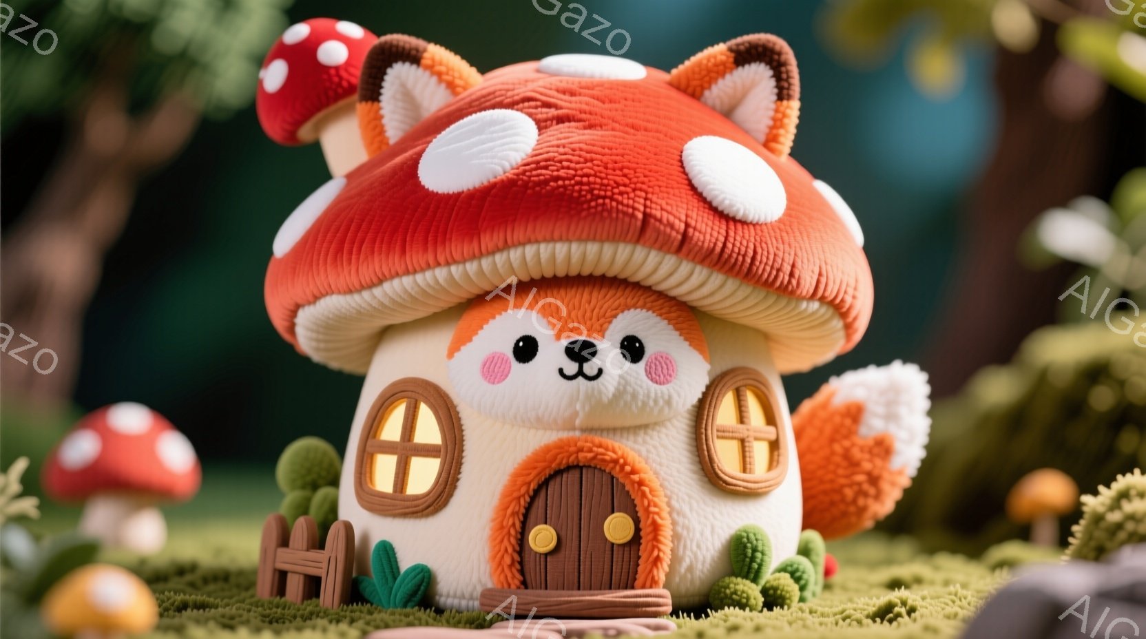 キノコの形をした可愛らしい家が、緑色の苔の上に建っています。茶色いドアと窓があり、まるで小さな妖精が住んでいそうです。背景には他のキノコや植物が見え、ファンタジーのような穏やかな雰囲気が漂っています。
