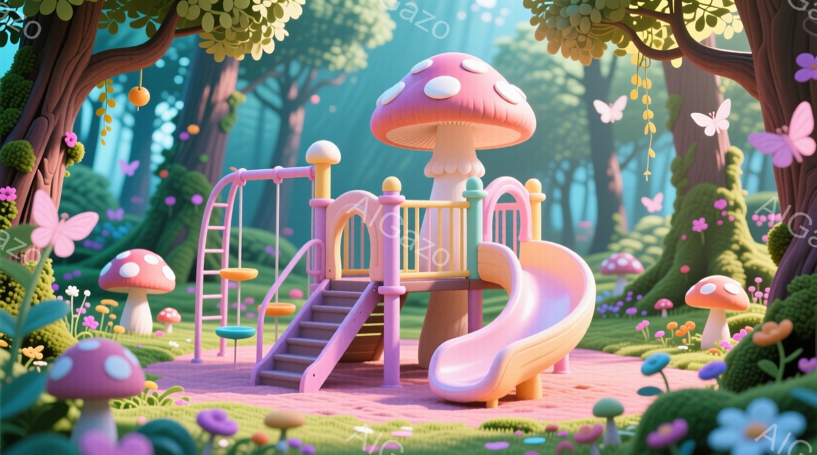 鮮やかなピンクとオレンジ色のキノコをモチーフにした遊具が、緑豊かな森の中に設置されています。背景には様々な大きさのキノコや花が咲き乱れ、蝶が舞い、幻想的な雰囲気を醸し出しています。全体的にパステルカラーで統一されており、子供向けの遊び場として、温かく可愛らしい印象を与えます。