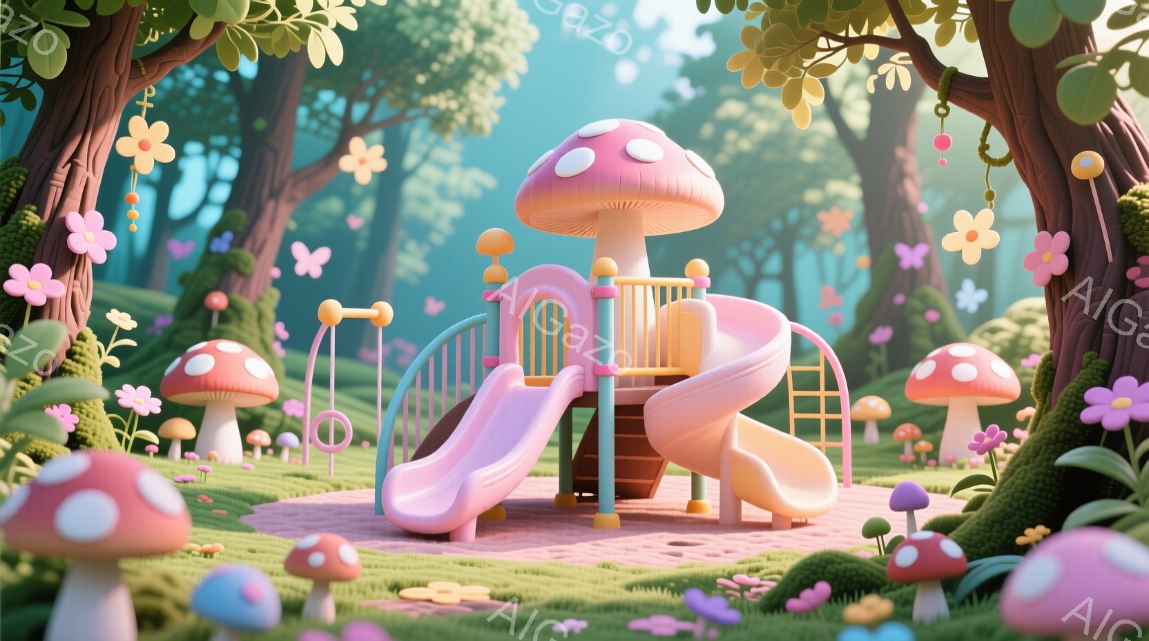 鮮やかな緑の芝生の上に、ピンクと水色のカラフルなキノコをモチーフにした遊具が設置された遊び場が広がっています。背景には、大きな木々と、様々な種類のキノコが生い茂り、ピンクや白の花が咲き乱れており、まるで幻想的なおとぎ話の世界のようです。全体的に明るく、柔らかい光が差し込み、遊び心と温かい雰囲気が漂っています。