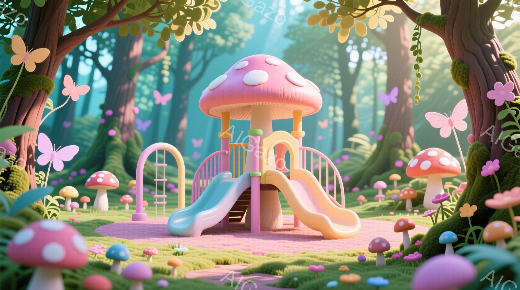 鮮やかな緑の森の中に、ピンクと水色の可愛らしい遊具が置かれた遊び場が広がっています。背景には様々な色や形のキノコが生い茂り、空には蝶が舞い、まるでファンタジーの世界のような雰囲気を醸し出しています。全体的に明るく、遊び心にあふれた色彩で、子供たちが喜びそうな、夢のような空間が表現されています。