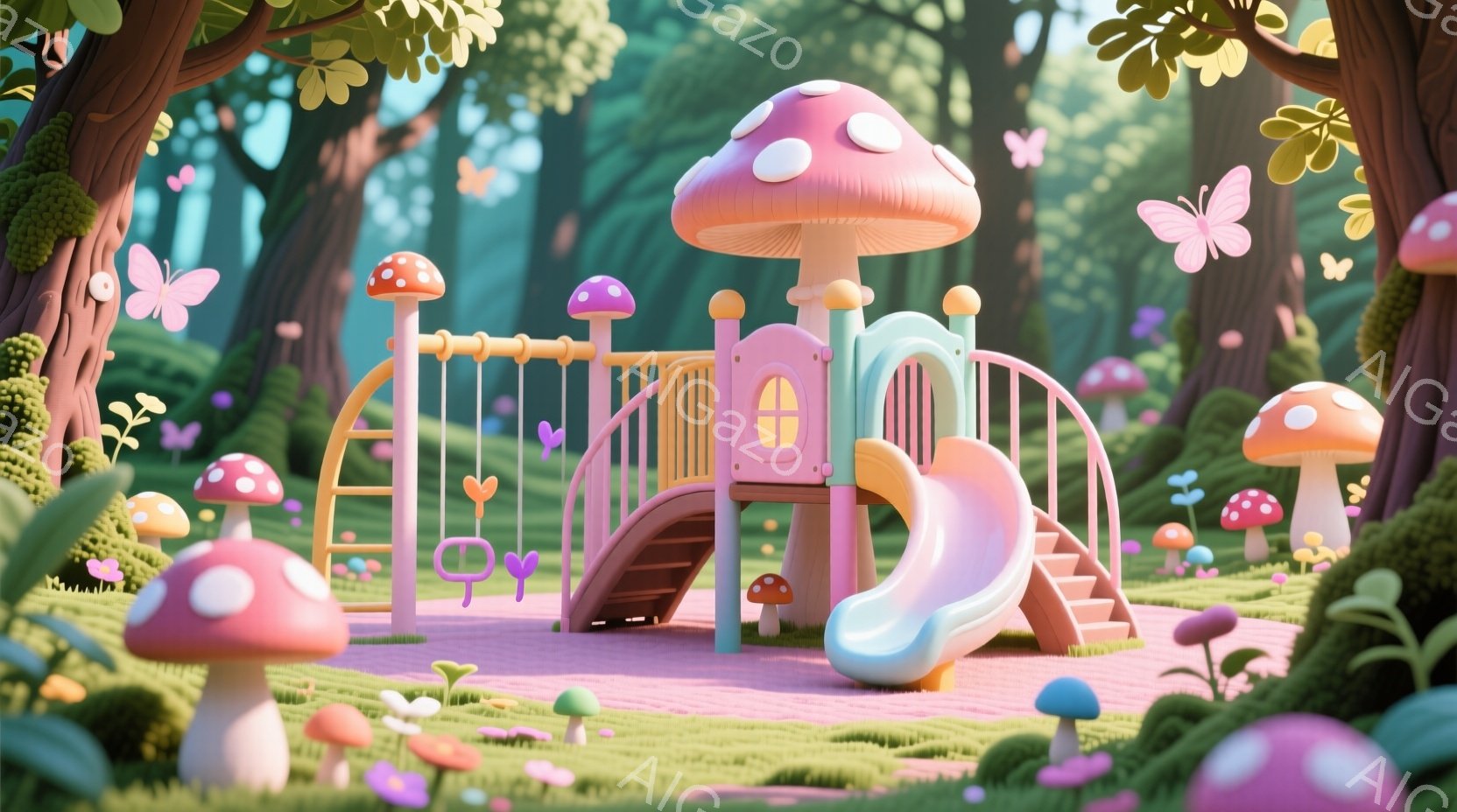 鮮やかな緑の草原の中に、可愛らしいキノコをモチーフにした遊具が設置された遊園地です。ピンクと白のキノコの形をした滑り台やブランコ、遊具の周りには様々な色のキノコが生えており、まるで童話の世界のようです。背景には木々が生い茂り、蝶が舞い、穏やかで幻想的な雰囲気が漂っています。