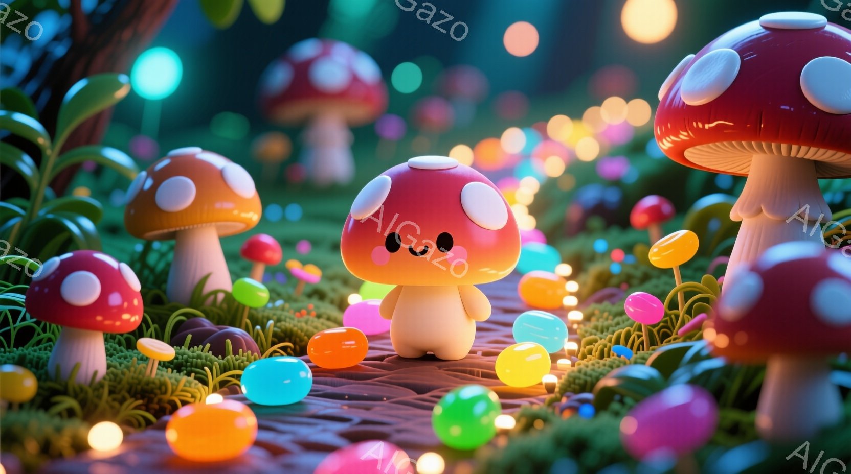 キノコのキャラクターが、カラフルな玉が散りばめられた道の上に立っている。キャラクターはピンクと白のキノコ帽子をかぶり、シンプルな笑顔で可愛らしい表情をしている。背景には様々な色の大きなキノコが生い茂り - AI生成フリー素材