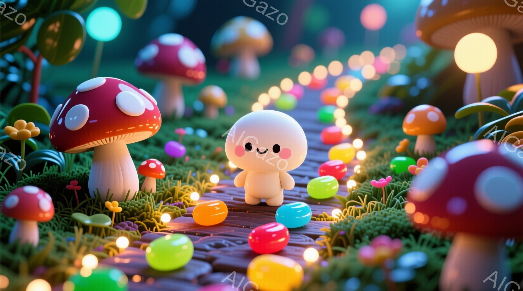 白い小さなキャラクターが、色とりどりのきのこや丸い宝石のようなものが散らばる道の中央に立っています。キャラクターはつぶらな瞳と微笑みを浮かべ、丸いフォルムが可愛らしい印象を与えます。背景には様々な形のきのこが生い茂り、道沿いには明るい光が灯り、幻想的な雰囲気を醸し出しています。