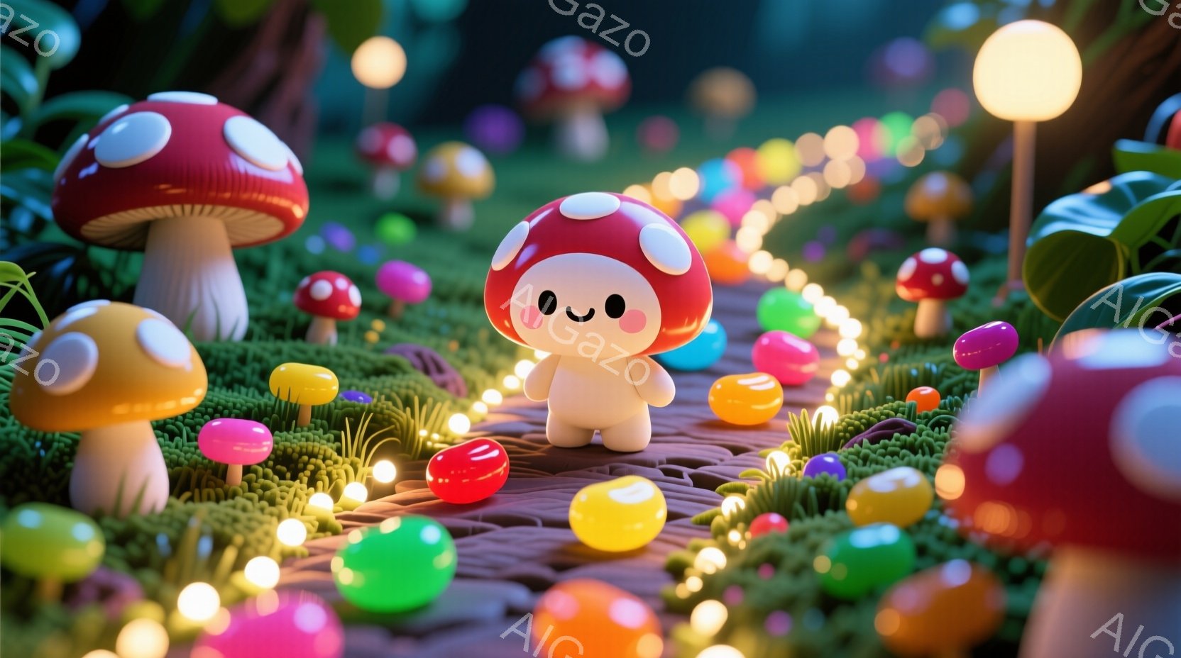キノコのキャラクターが、カラフルなキャンディのような玉が散りばめられた道の上に立っている。キャラクターは、赤地に白い水玉模様のキノコを模した帽子を被り、笑顔で前を見ている。背景には様々な種類のキノコが - AI生成フリー素材