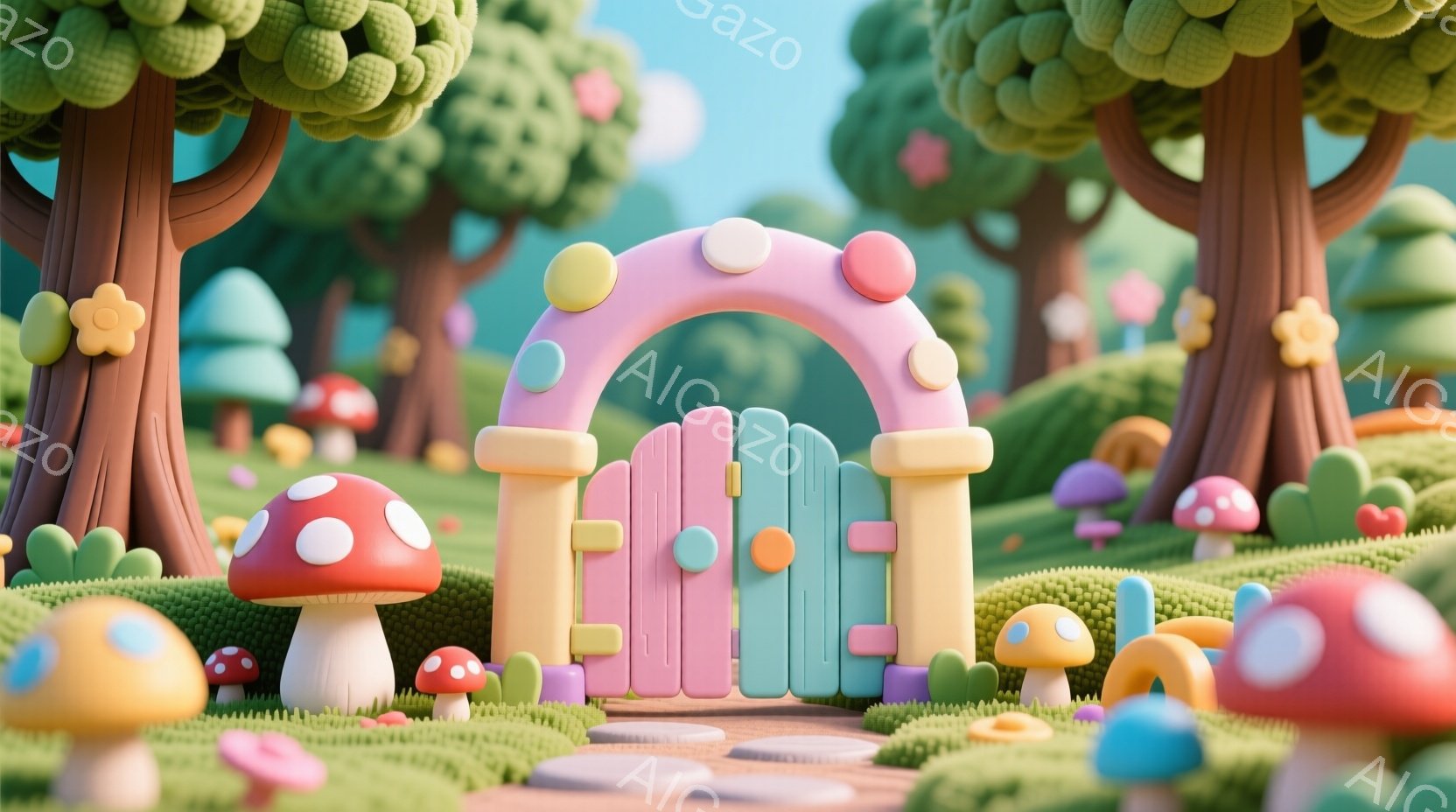 鮮やかな色彩のファンタジーな風景を描いています。パステルカラーのアーチ型の門が中央に位置し、その周りには様々な色のキノコや丸い石畳の道が広がっています。背景には、丸みを帯びた葉を持つ木々が並び、全体的 - AI生成フリー素材