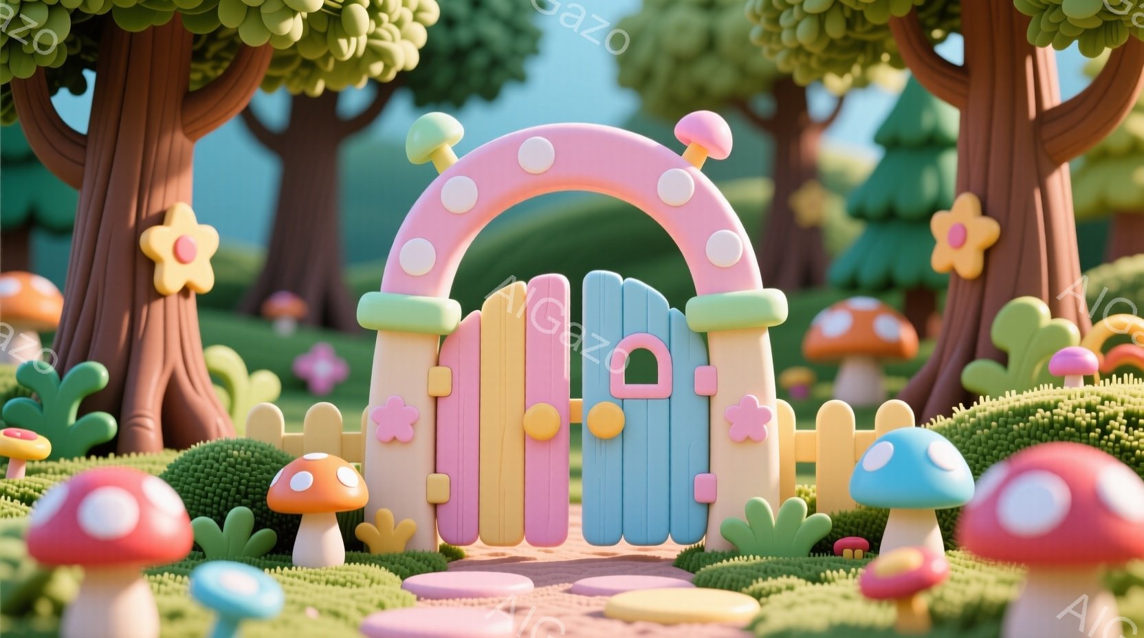 カラフルで可愛らしいファンタジーの世界が描かれています。パステルカラーのアーチ型の門と、水色の柵が印象的で、その周りには様々な形のキノコが生い茂っています。背景には丸みを帯びた木々が生い茂り、全体的に - AI生成フリー素材