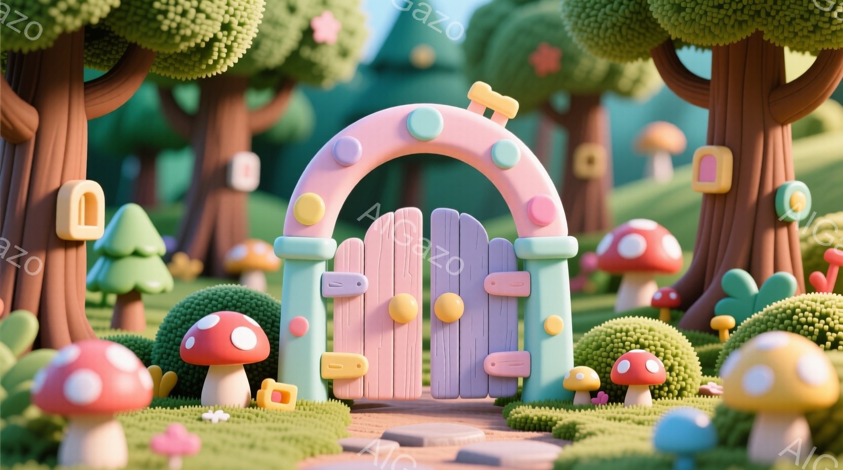 鮮やかな色彩のファンタジーな風景が広がっており、パステルピンクのアーチ状の門が印象的です。周囲には、様々な色と形のキノコや丸い茂みが点在し、可愛らしい雰囲気を醸し出しています。緑色の芝生とピンク色の花 - AI生成フリー素材