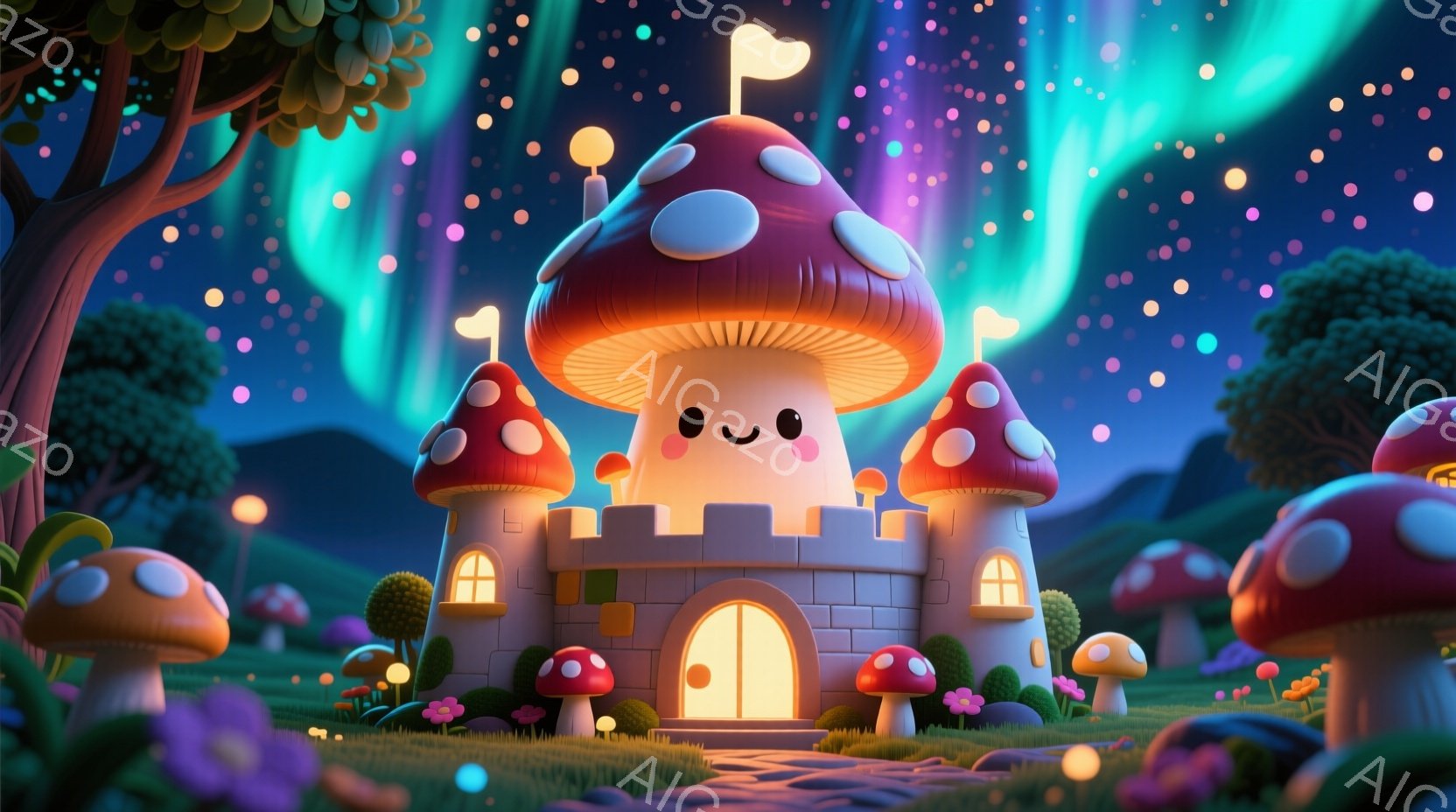 キノコの形をした可愛らしいお城が、緑豊かな草原の中に建っています。お城はピンク色と白の色合いで、窓からは温かい光が漏れており、夜空にはオーロラが輝いています。周りには様々な大きさのキノコが生えており、 - AI生成フリー素材