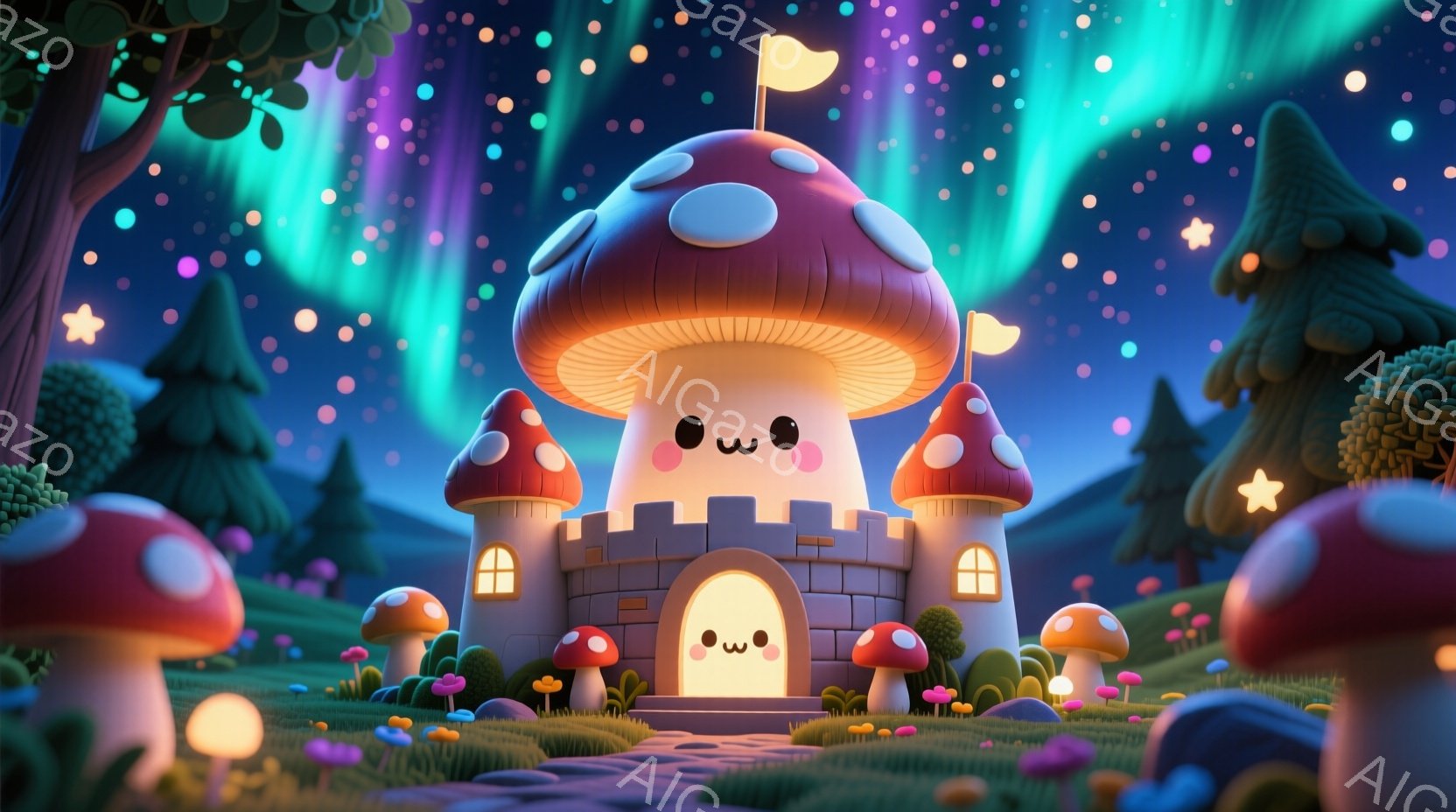 キノコをモチーフにした可愛らしいお城が、緑豊かな草原に建っています。夜空にはオーロラが輝き、星が散りばめられており、ファンタジーのような幻想的な雰囲気を醸し出しています。キノコ型の建物は可愛らしい表情 - AI生成フリー素材