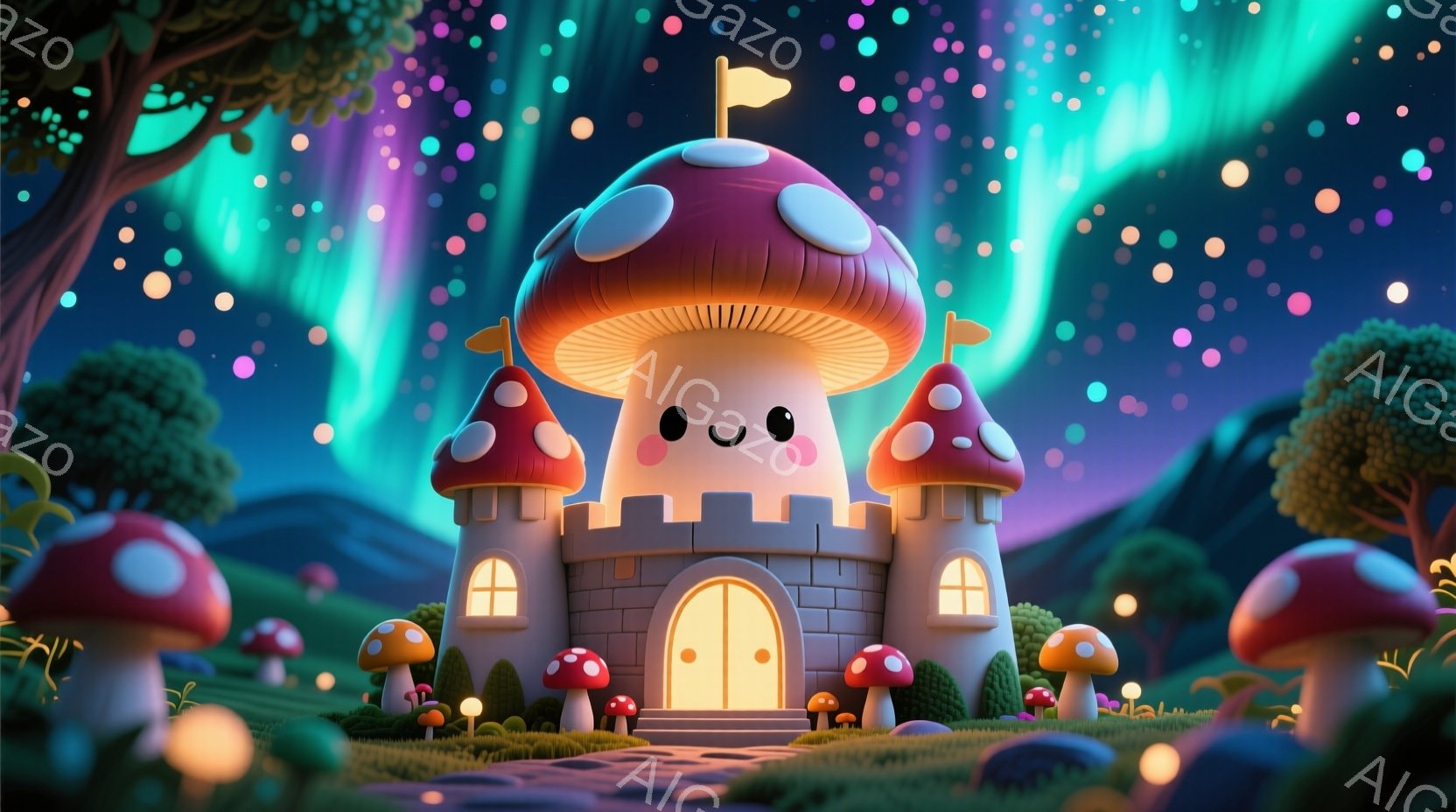 キノコの形をした可愛らしいお城が、緑豊かな草原に建っています。お城はピンクと白のストライプが特徴で、窓には温かい光が灯り、優しい雰囲気を醸し出しています。背景には、オーロラのような光が輝き、幻想的で夢 - AI生成フリー素材