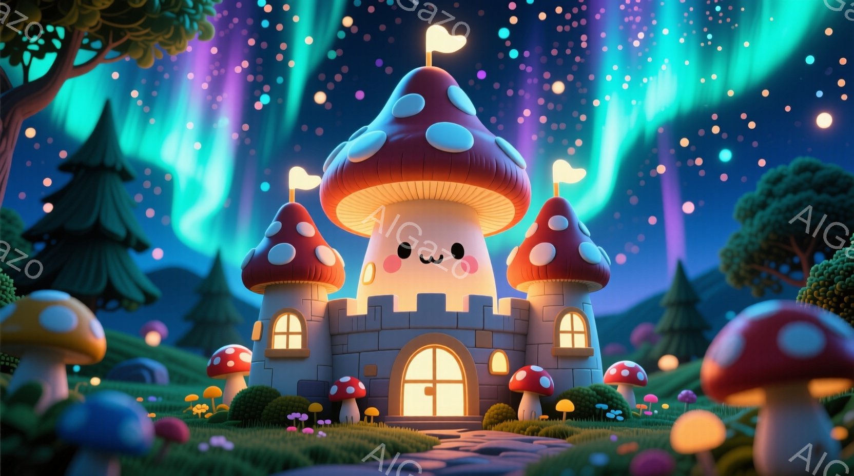 キノコ型の可愛らしいお城が中央に描かれており、ピンク色と白のドット模様が特徴的です。周囲には、様々な大きさのキノコが生い茂り、遠景には緑豊かな森が広がっています。夜空にはオーロラが輝き、幻想的な雰囲気 - AI生成フリー素材
