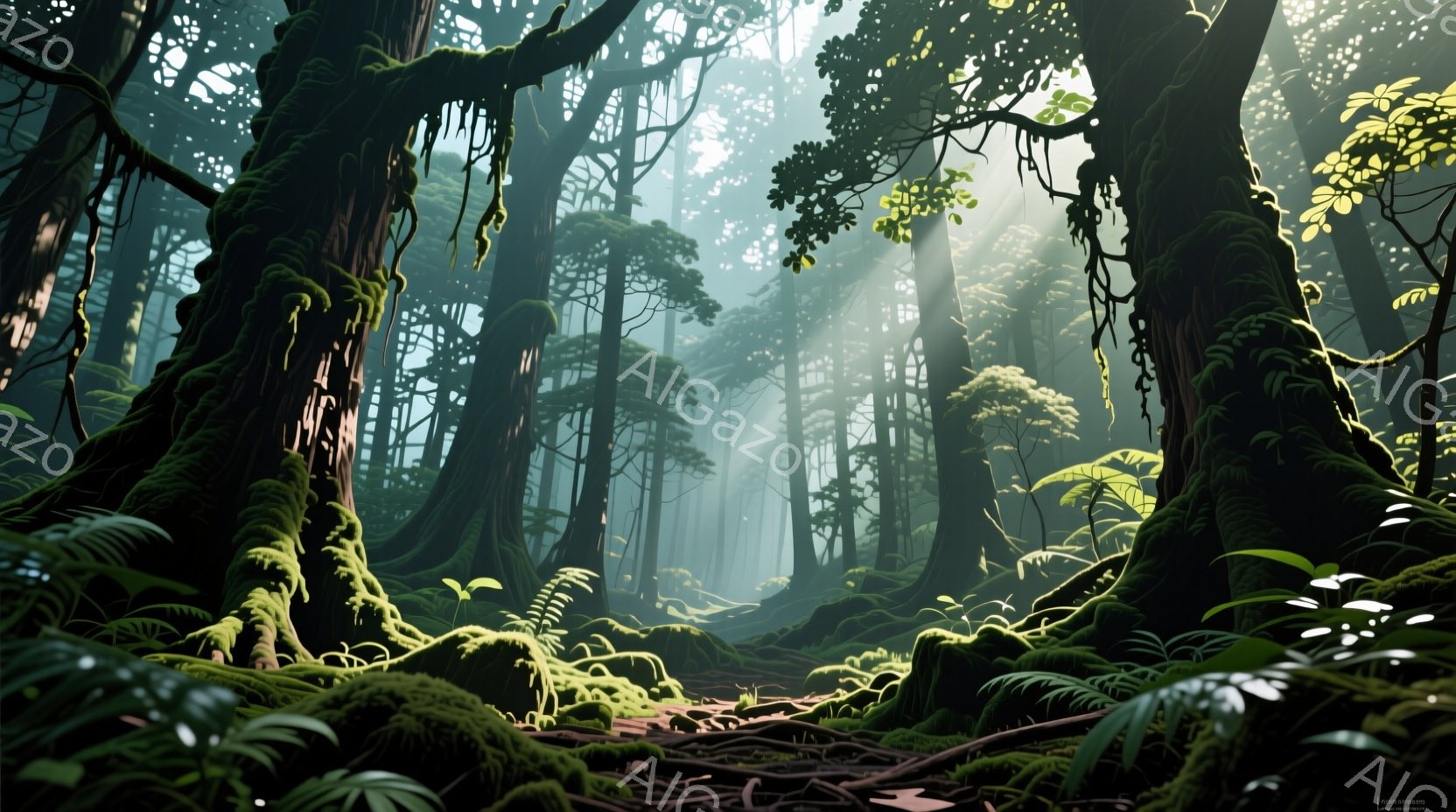 鬱蒼とした熱帯雨林が描かれており、巨大な木々が苔むして立ち並び、地面は根と植物に覆われている。強い光線が木々の間から差し込み、霧のような靄と相まって神秘的で幻想的な雰囲気を醸し出している。全体的に緑色 - AI生成フリー素材