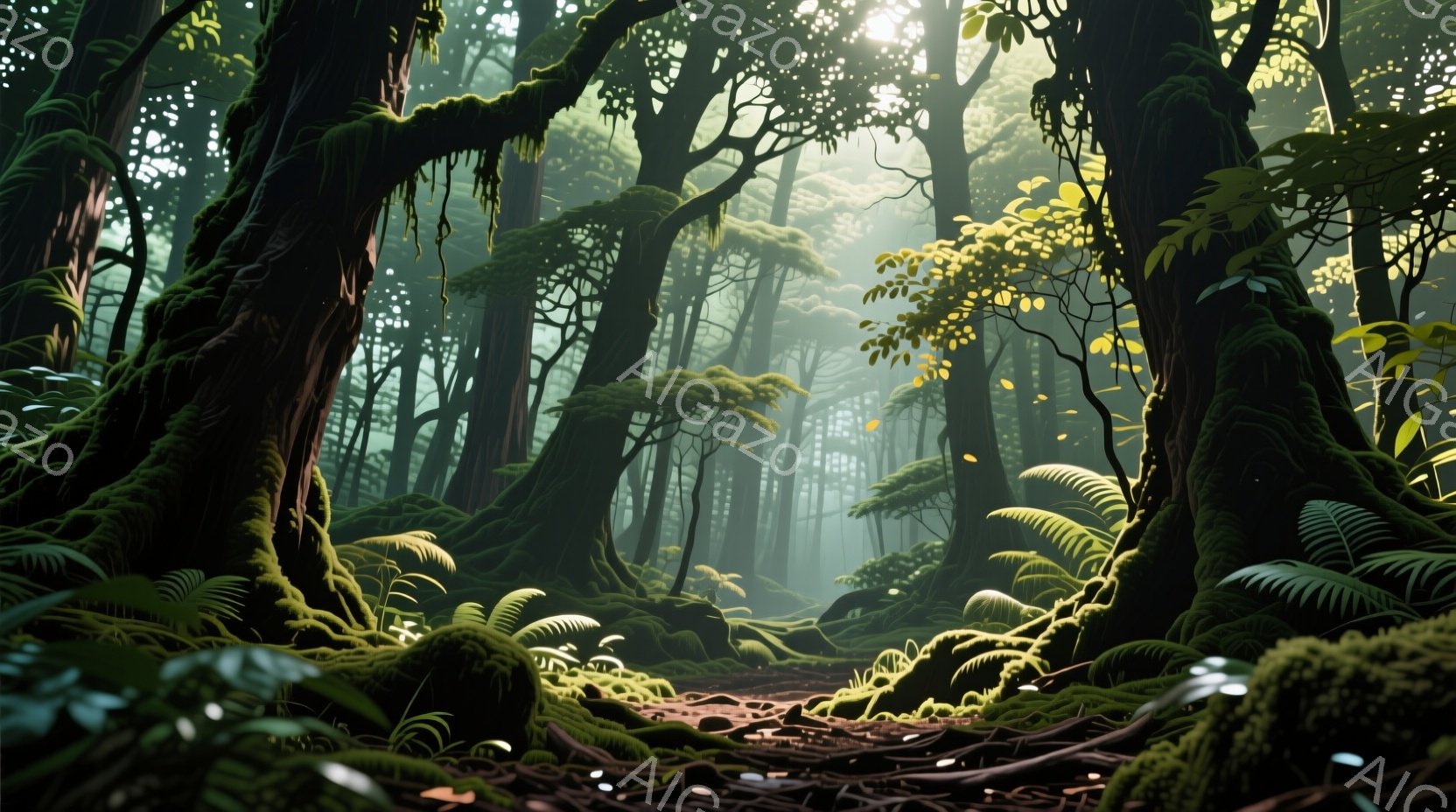 深い森の中を捉えた画像で、巨大な木々がうっそうと茂り、緑豊かなシダ植物や苔が絡みついている。強い光が木々の間から差し込み、足元の土の道や植物を照らし出し、神秘的な雰囲気を醸し出している。根や枝が複雑に絡み合い、奥行きのある空間を作り出しており、自然の力強さと静寂さを感じさせる。