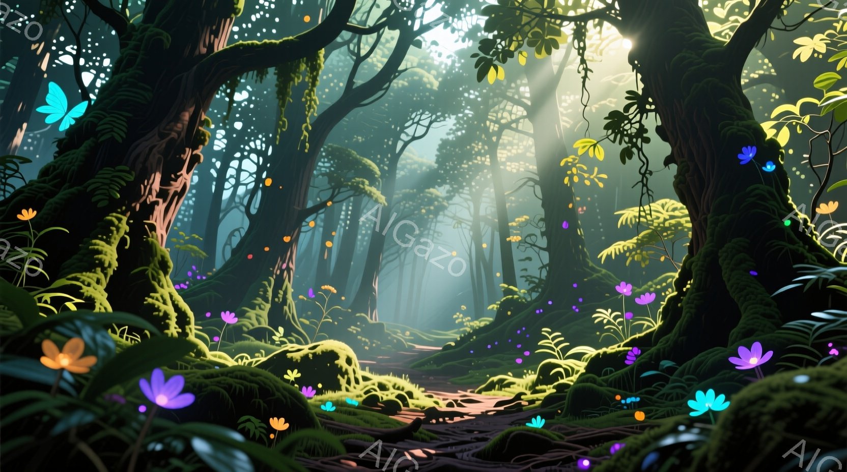 深い緑に包まれた森の中を、光の筋が差し込み幻想的な雰囲気を醸し出しています。根やツルが絡み合った古木の周りには、鮮やかな紫やオレンジ色の花々が咲き乱れ、空気中に漂う光る蝶がさらに神秘的な光景を作り出し - AI生成フリー素材