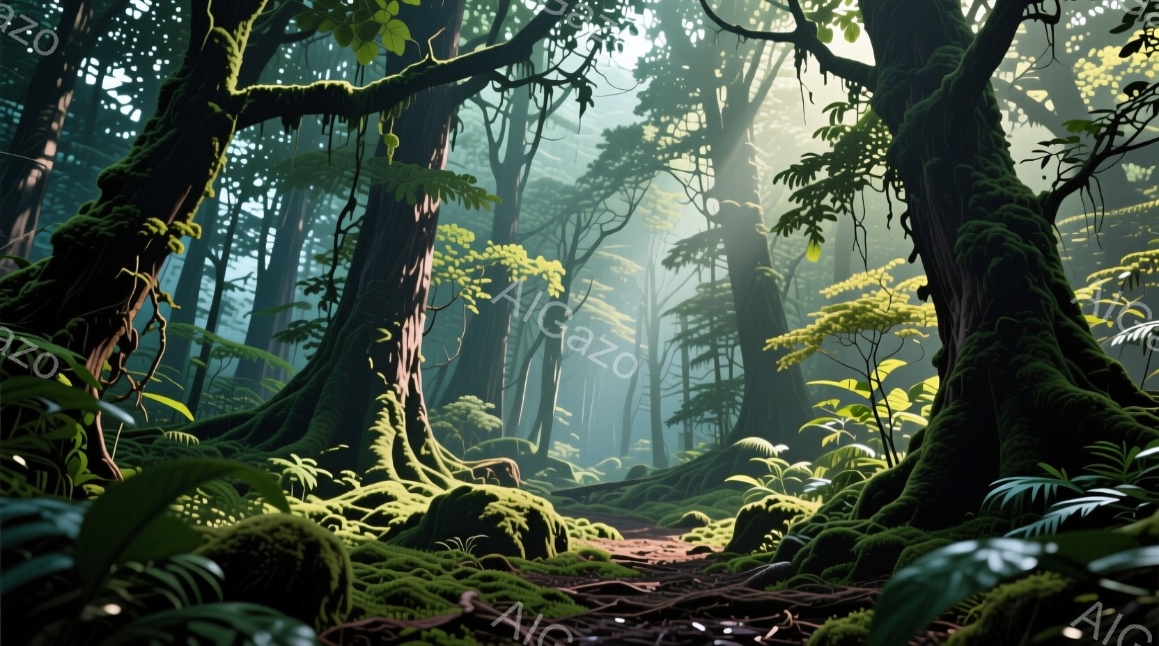 鬱蒼とした森の中を光が差し込み、苔むした巨大な木の根が複雑に絡み合った道が奥へと続いている。湿った土と緑豊かな植物が生命力に満ち溢れており、神秘的で静寂な雰囲気を醸し出している。光の筋が木々の間から差 - AI生成フリー素材