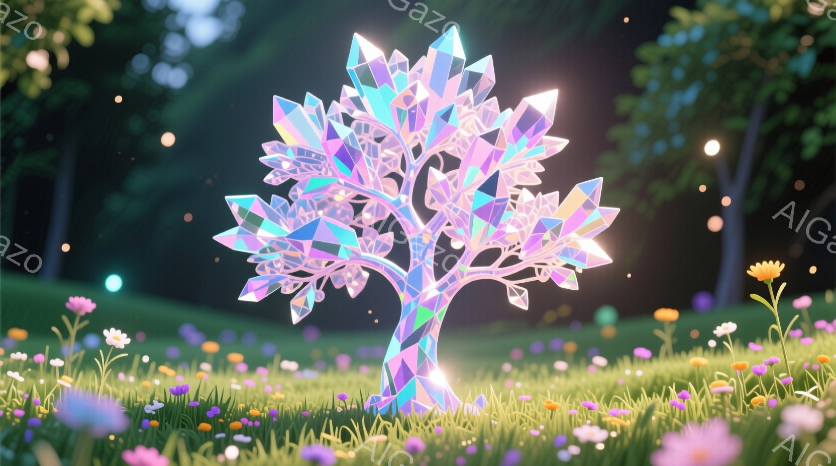 光り輝く多面体の結晶で構成された木が、緑豊かな草地の真ん中にそびえ立っている。周囲には色とりどりの小さな花々が咲き乱れ、背景にはぼやけた緑の丘と、淡い光を放つホタルのような光点が散りばめられている。全体的に幻想的で、夢のような、穏やかな雰囲気が漂っている。
