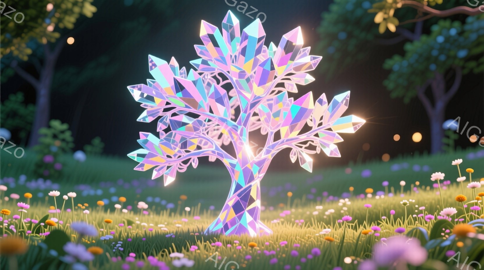 花畑の中に立つ、三角形の結晶のような葉を持つ木が描かれています。背景には緑豊かな草原とぼんやりとした木々が見え、小さな光の粒子が漂い、幻想的な雰囲気を醸し出しています。全体的に、春の夜のような穏やかで - AI生成フリー素材