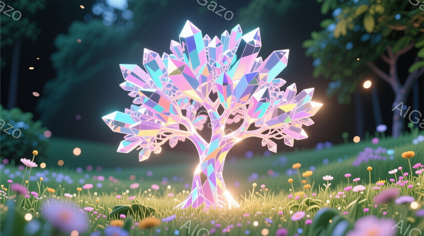 鮮やかな緑の草原に、クリスタルの木が生えています。木は様々な色合いの結晶で構成され、光を放っています。背景には、ぼやけた緑の木々と、小さな光の粒子が散りばめられ、幻想的で穏やかな雰囲気を醸し出していま - AI生成フリー素材