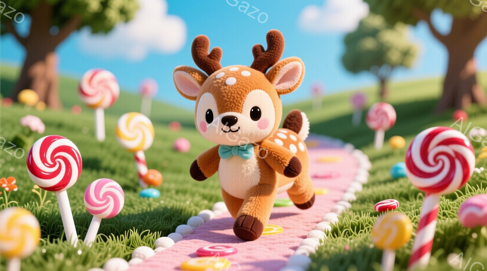 ふわふわの茶色のシカが、ピンク色のキャンディで縁取られた道を元気に走っています。シカは水色の蝶ネクタイを首に巻き、嬉しそうな表情をしています。背景には緑の草地とカラフルな棒付きキャンディが点在し、明るくお菓子の国のような雰囲気です。