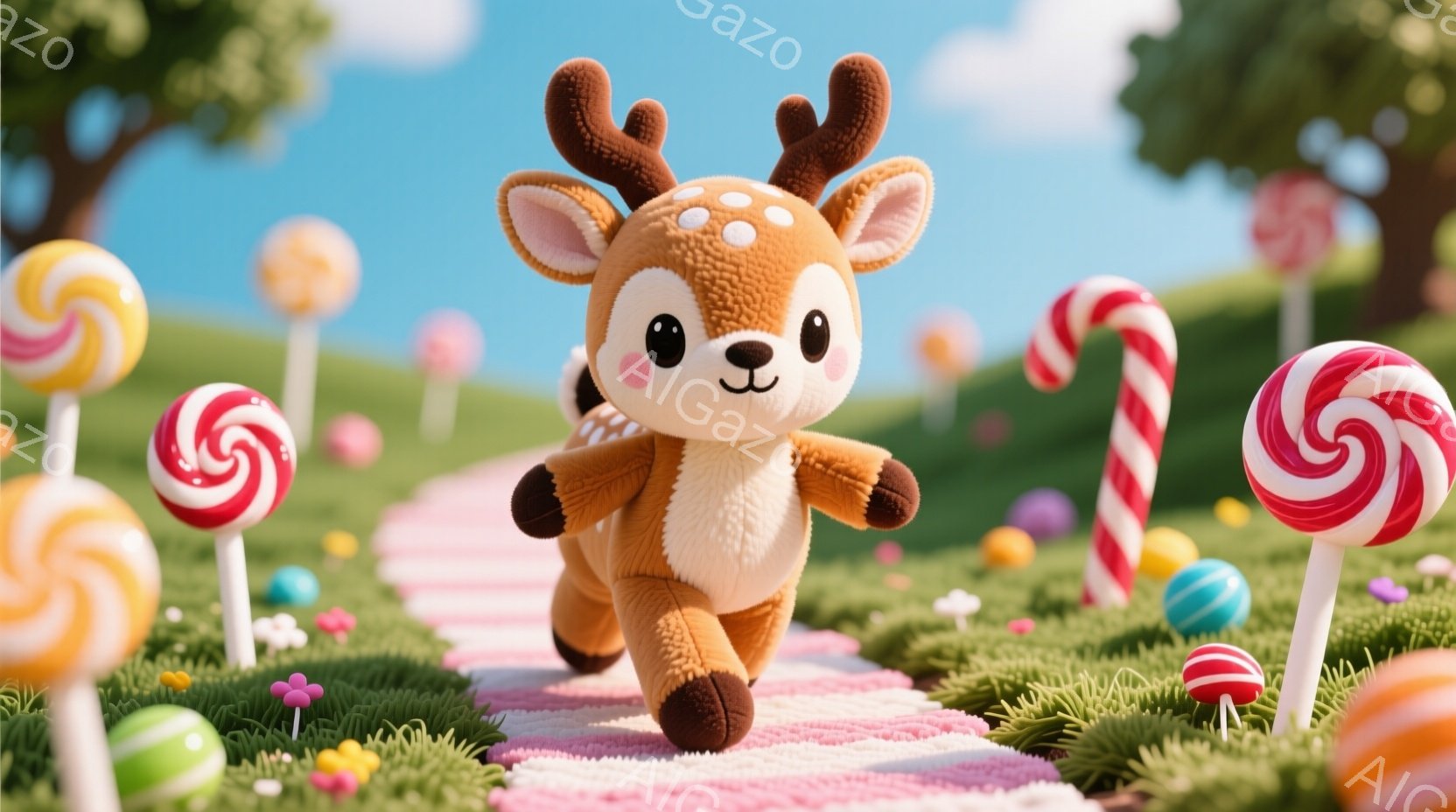 ふわふわの茶色の鹿が、ピンク色の道の上を走り去っています。鹿は可愛らしい表情で、大きな目で前を見つめています。背景にはカラフルなキャンディが並び、緑の草地と青空が広がっており、全体的に明るく楽しい雰囲 - AI生成フリー素材