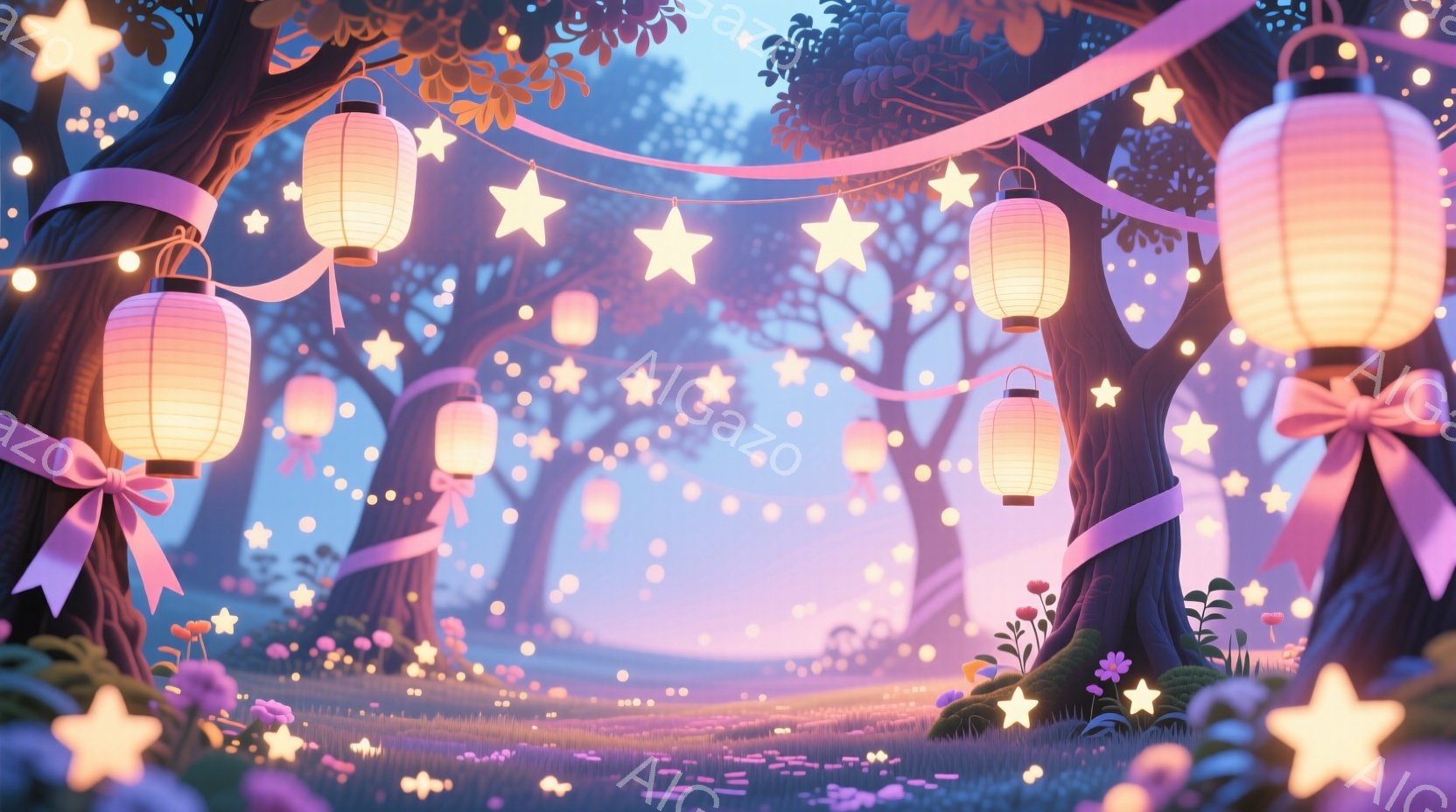 柔らかい紫とピンクの色調で、幻想的な森の風景が広がっています。木々の間には、リボンで飾られた提灯や星が散りばめられ、地面には小さな花々が咲き誇っています。全体的に温かく、夢のような雰囲気が漂い、まるで - AI生成フリー素材