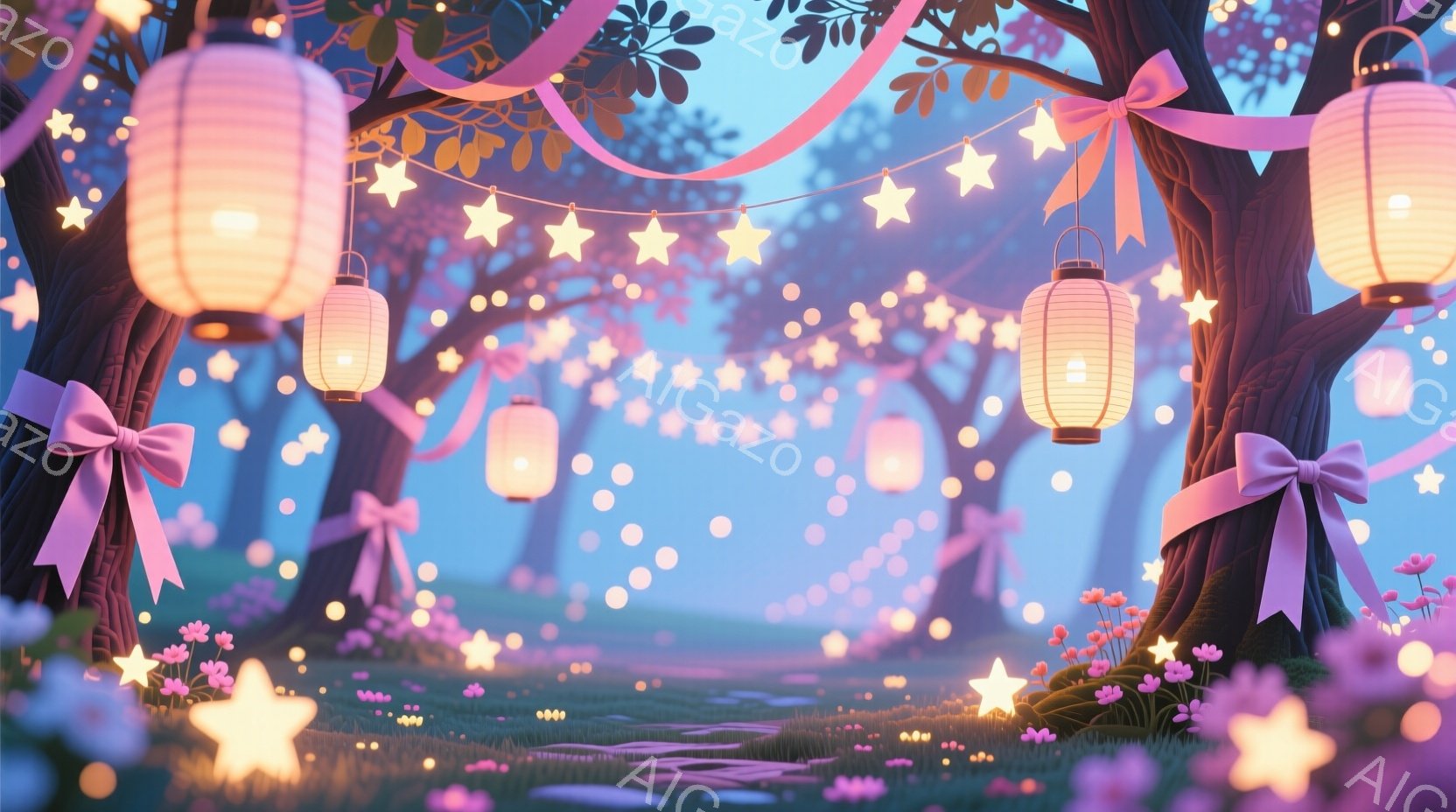 明るいピンクと紫の色調で彩られた幻想的な森の風景です。木々は太く、ねじれており、それぞれの枝にはリボンで飾られた提灯と星型の光が飾られています。地面はピンクと紫の花で覆われ、光が散りばめられ、全体的に - AI生成フリー素材