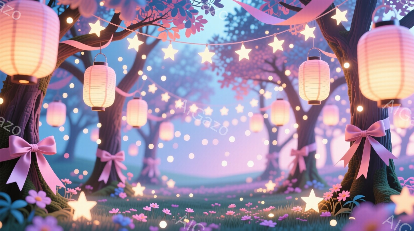 明るいピンク色の提灯が、紫色の木々に結ばれ、星と花で飾られた幻想的な空間が広がっています。地面には小さな花が散りばめられ、優しい光が全体を包み込んでおり、おとぎ話のような温かい雰囲気を醸し出しています。背景はぼかされており、まるで夢の中にいるような印象を与えます。