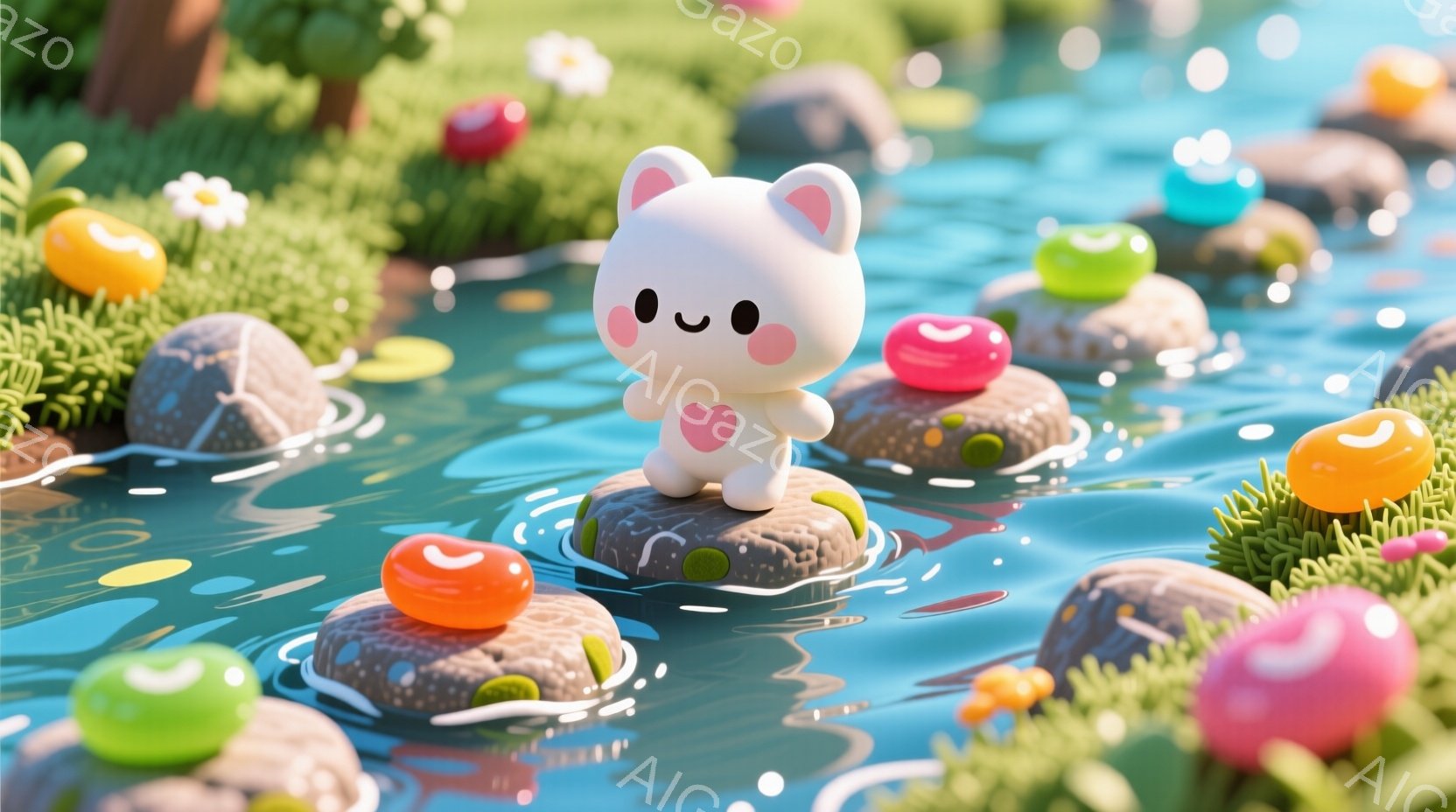 白くてふわふわした子犬が、水の上に浮かぶ岩の上で立っています。その子犬はピンク色のハート型のペイントが施された服を着ており、つぶらな瞳で可愛らしい表情をしています。背景には緑豊かな草が生い茂り、カラフ - AI生成フリー素材