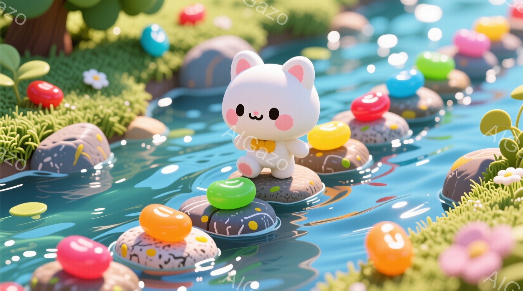 白いウサギのキャラクターが、色とりどりのキャンディが浮かぶ水面の上を歩いています。赤い蝶ネクタイをつけ、丸い耳と可愛らしい表情が印象的です。背景には緑の草むらと花が咲き乱れ、明るく楽しい雰囲気を醸し出 - AI生成フリー素材