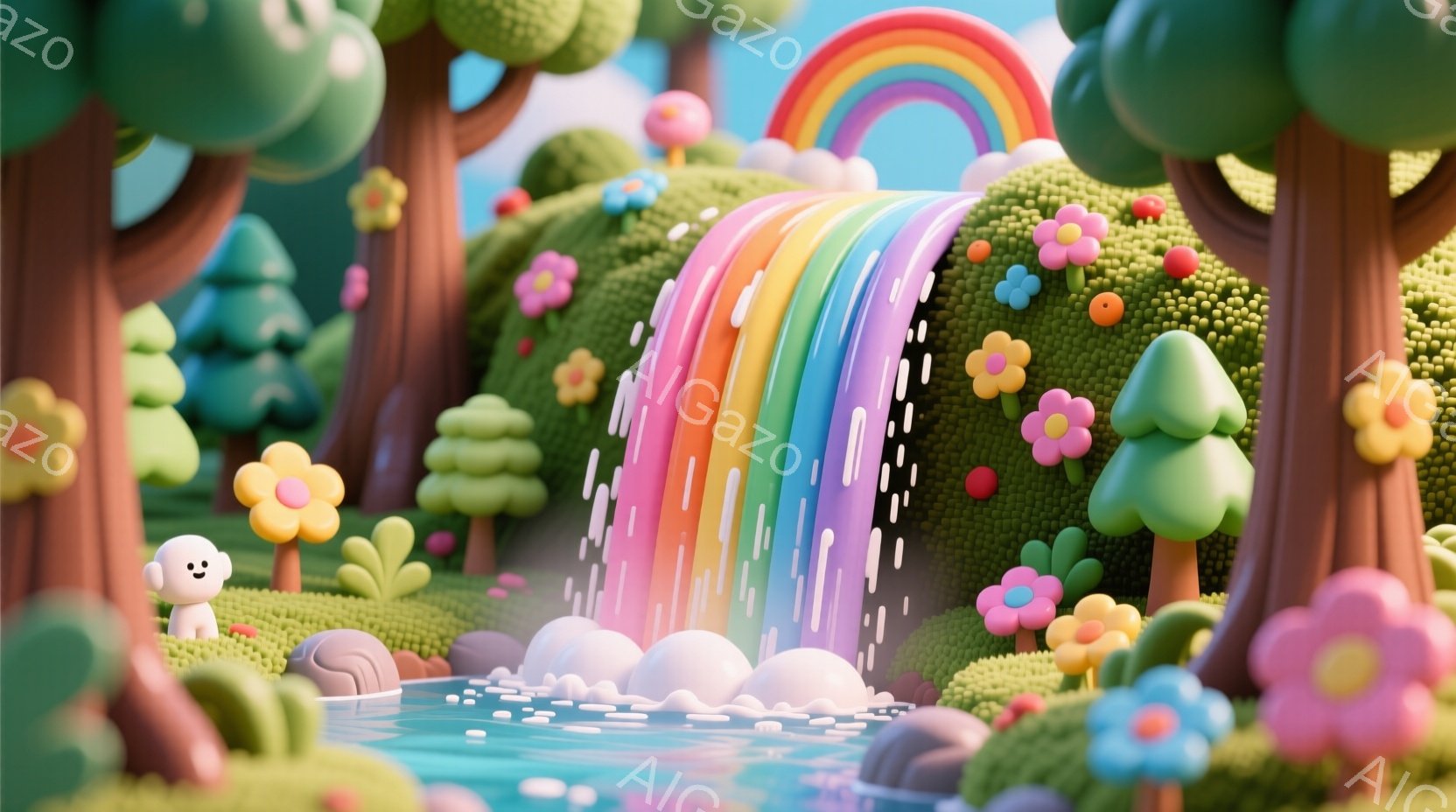 カラフルで丸い形をしたオブジェクトが特徴的な、可愛らしい風景です。白い小さなキャラクターが左下に立っており、楽しそうな表情をしています。背景には虹がかかり、丸い緑の木々や花々が咲き乱れ、穏やかで夢のよ - AI生成フリー素材