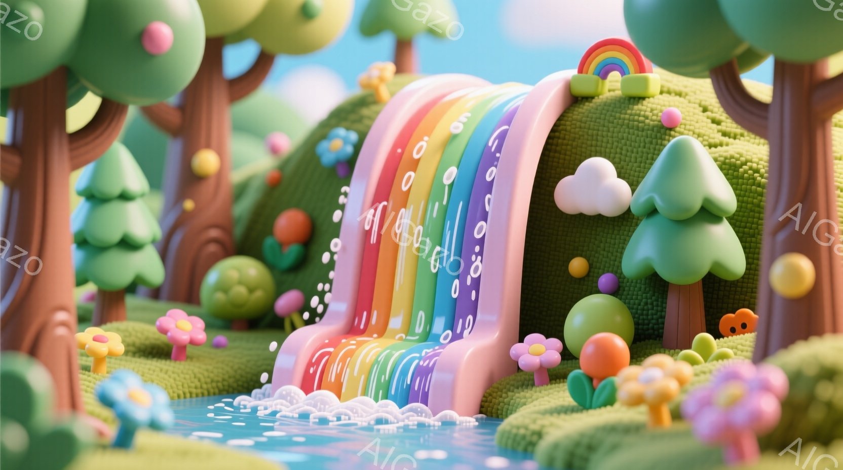 カラフルで可愛らしい、おとぎ話のような風景が描かれています。緑色の丘、カラフルなキノコ、花々が点在し、虹色の滝が流れ込む小川があります。全体的に明るく、夢のような雰囲気が漂っており、遊牧的な可愛らしさが感じられます。