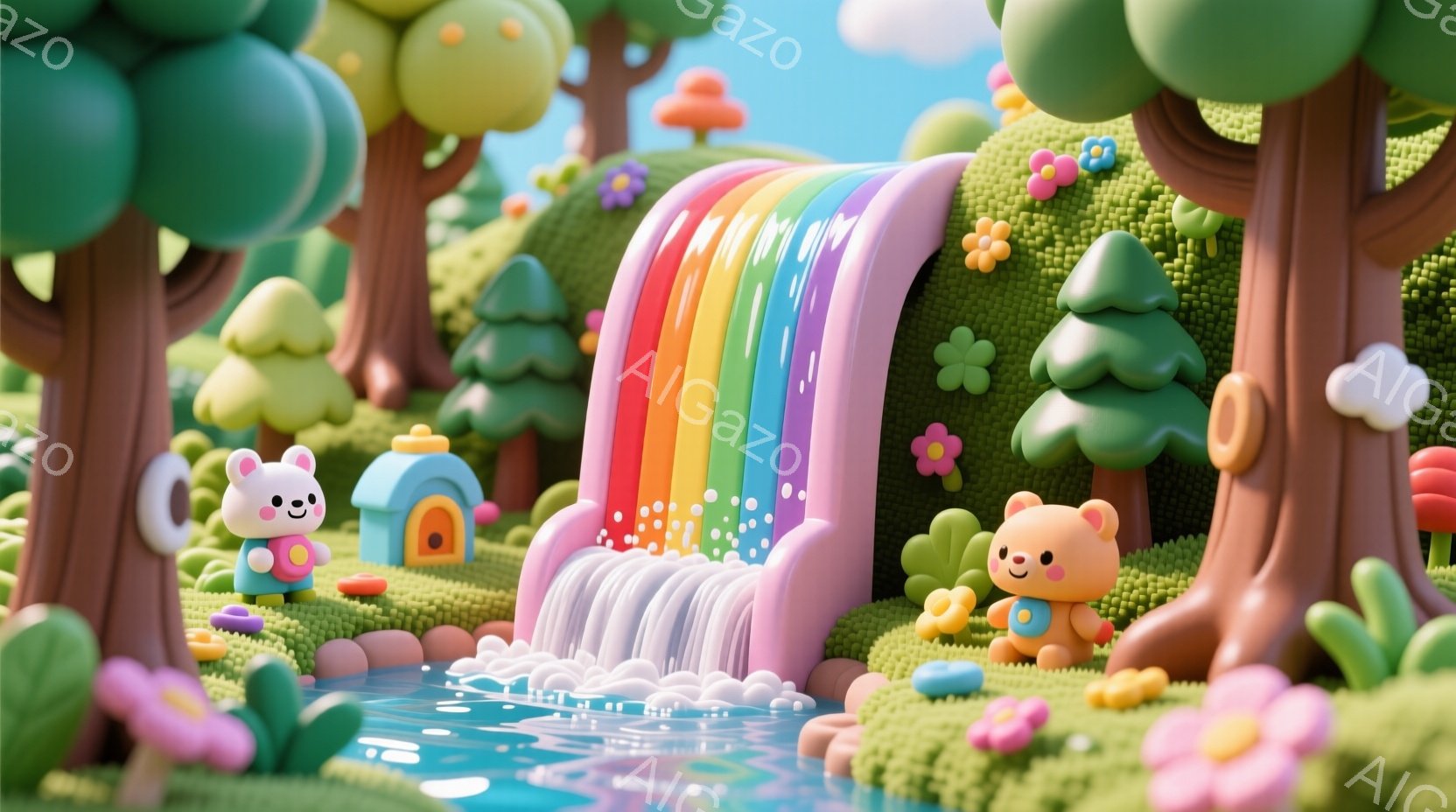 可愛らしいテディベアが二匹、カラフルな虹色の滝のそばに立っています。一匹はピンクの服を着ていて、もう一匹はオレンジ色の服を着ています。背景には、丸い形の緑の木々や花々、そして青い空と白い雲が広がっており、全体的に明るく、夢のような雰囲気を醸し出しています。