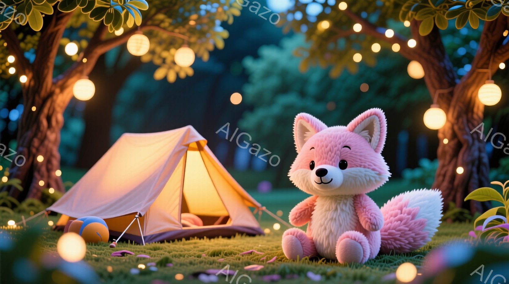 明るいピンク色の毛並みを持つ、愛らしいキツネのぬいぐるみです。キツネは芝生の上に座り、穏やかな笑顔を浮かべています。背景には、電飾で飾られた木々と、ほのかな光を放つテントがあり、暖かく幻想的なキャンプ場の雰囲気を醸し出しています。