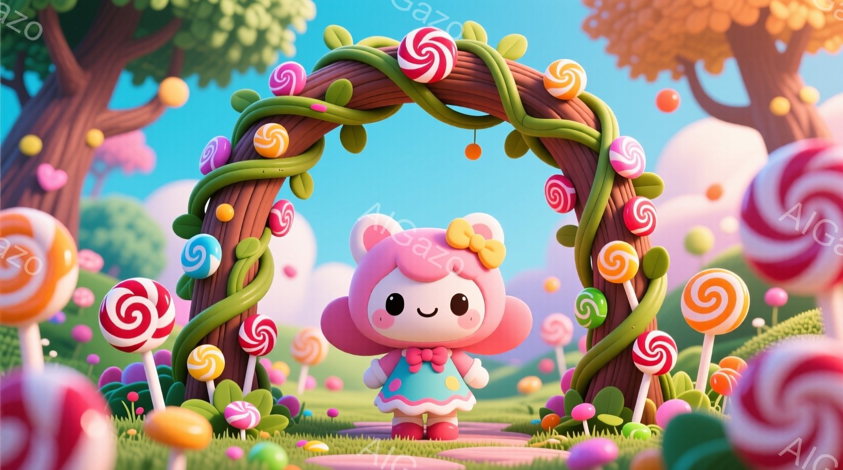 ピンク色のふわふわした髪と大きな瞳を持つ、かわいらしい女の子が、キャンディで飾られたアーチの下に立っています。彼女はピンクと白のフリルのドレスを着ており、頭には大きなリボンをつけています。背景には、カ - AI生成フリー素材