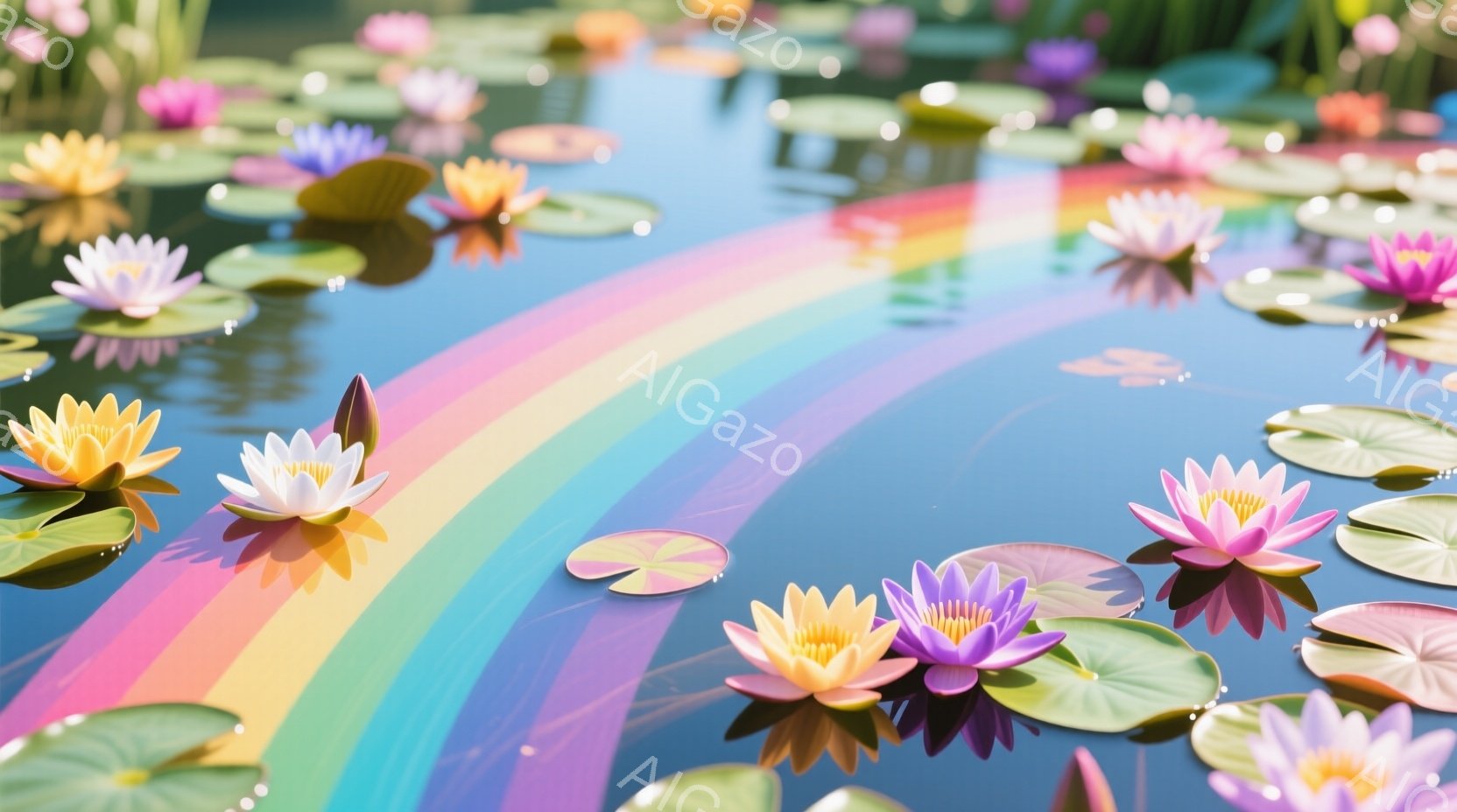 鮮やかな虹色の水面が印象的な画像です。水には様々な色の蓮の花が咲き、緑の睡蓮の葉が点在しています。穏やかな雰囲気で、自然の美しさと色彩の豊かさが際立っています。