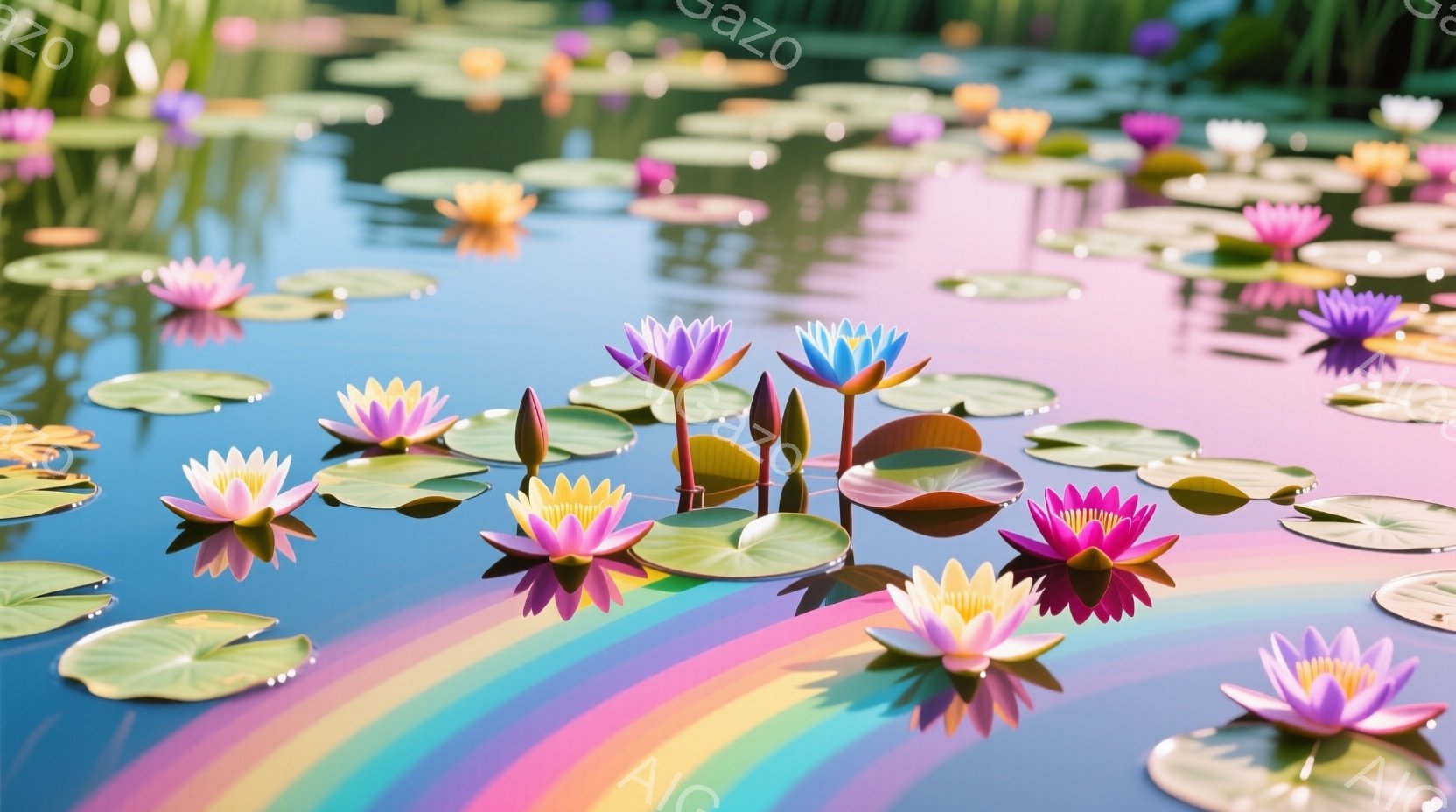 水面に咲き誇る色とりどりの蓮の花々が印象的な光景です。ピンク、白、紫、黄色など様々な色の花が水面を彩り、緑色の大きな葉っぱとのコントラストが美しいです。水面は穏やかで、全体的に幻想的で平和な雰囲気が漂っています。