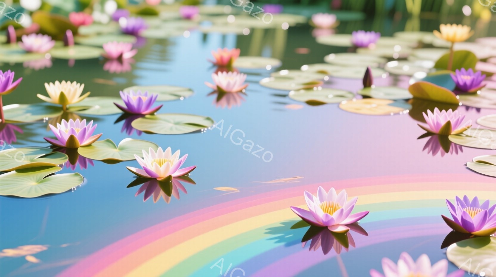 鮮やかな睡蓮が水面に浮かび、ピンクと白の花びらが美しいコントラストを描いている。水面には虹が映り込み、幻想的な雰囲気を醸し出している。背景には緑豊かな植物が見え、穏やかで平和な自然の情景が広がっている。